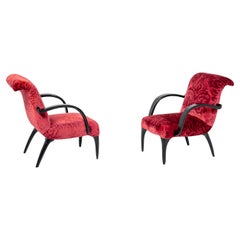 Gilbert Rohde Att. Pair of American Armchairs in Red Velvet Damask and Wood