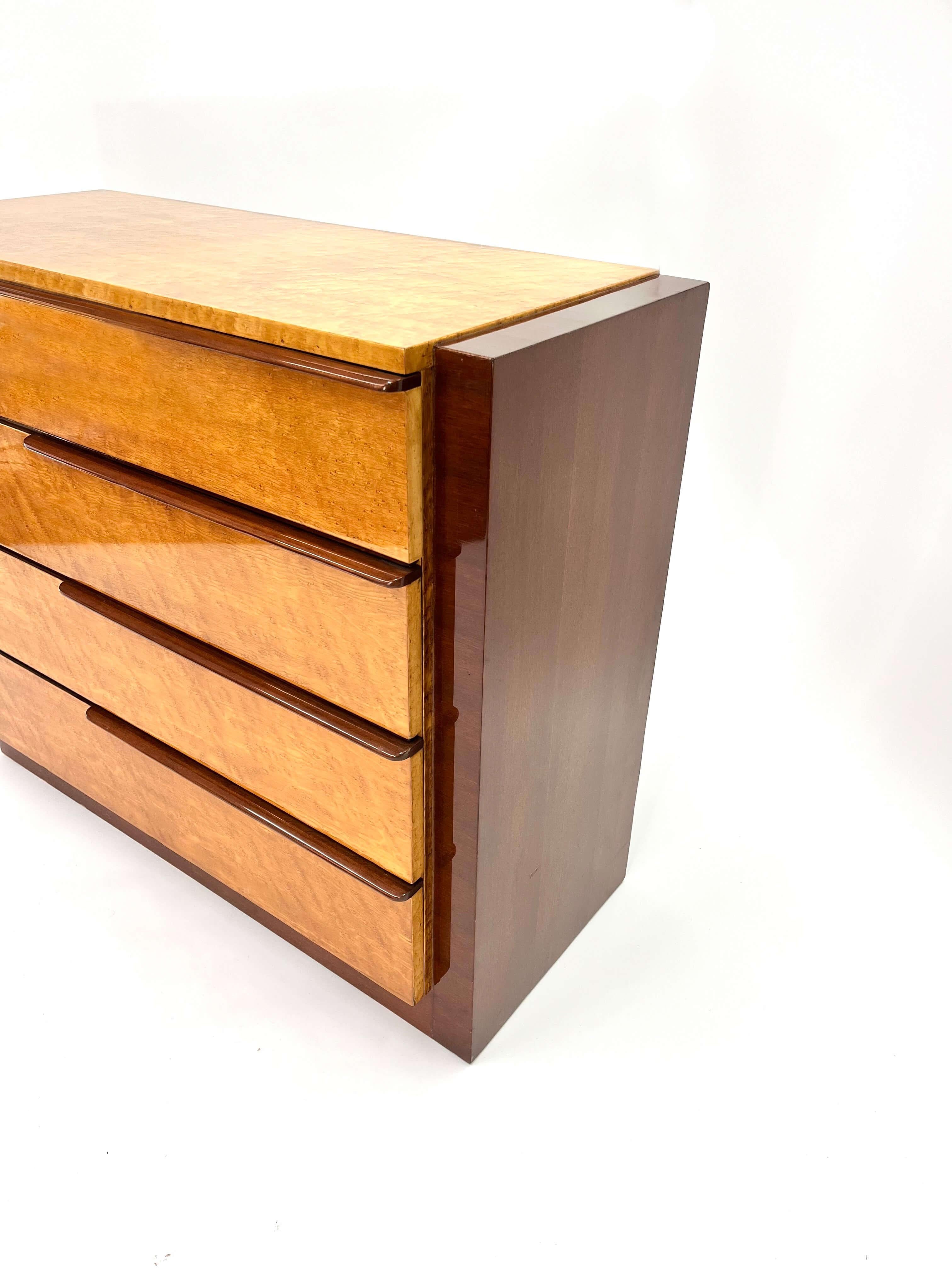 Lacquered Gilbert Rohde Chest of Drawers for Herman Miller in Birdseye Maple and Mahogany