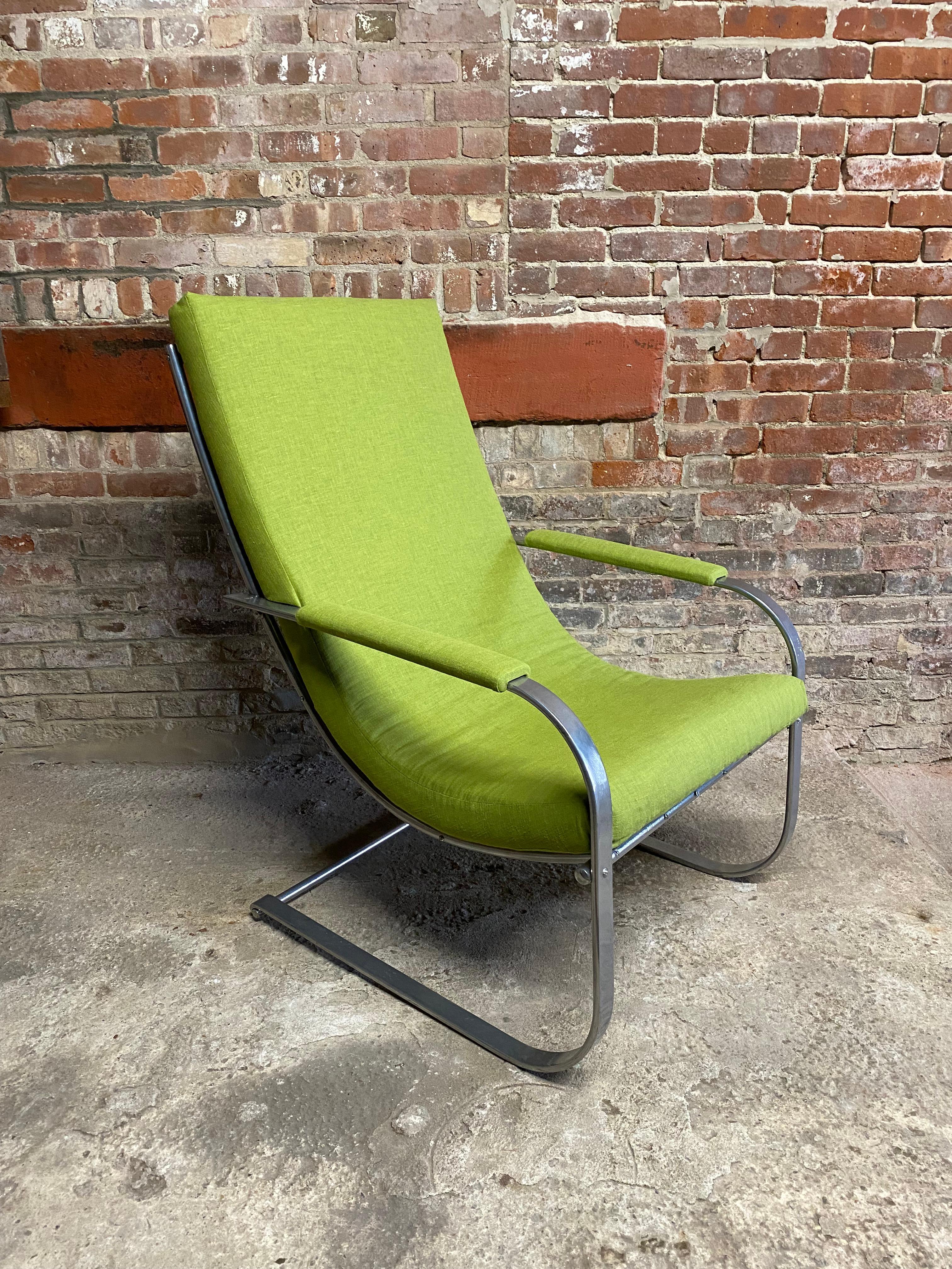 Gilbert Rohde fro Troy Sunshade Model #180 upholstered cantilever chair. Circa 1939. New cushion in chartreuse fabric. Good restored condition. Not the original chrome electroplating, but most likely a metal powder coating. Structurally sound and