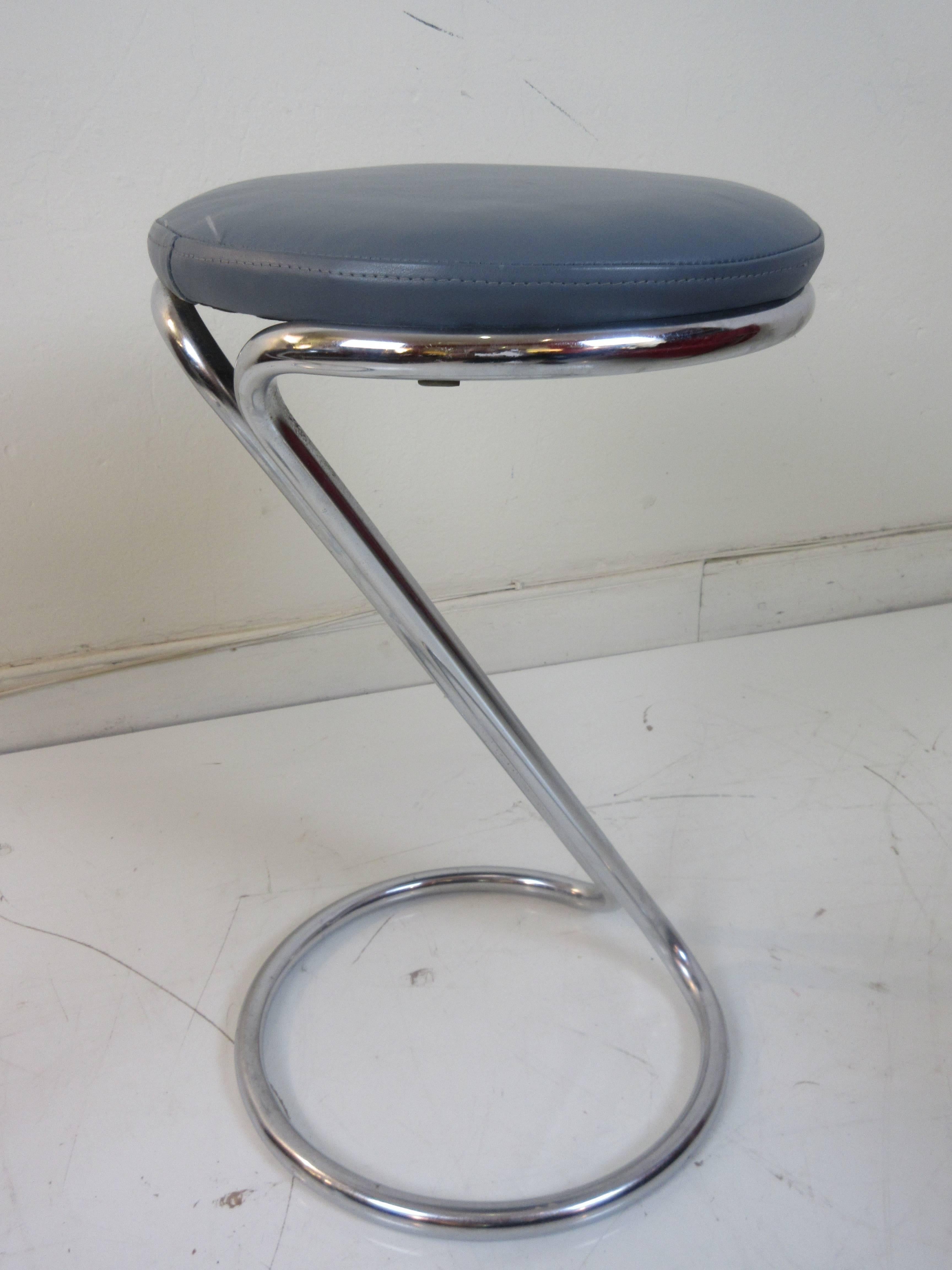 Gilbert Rohde for Troy Sunshade Company Z stools in steel blue leather newly redone. Chrome is excellent.