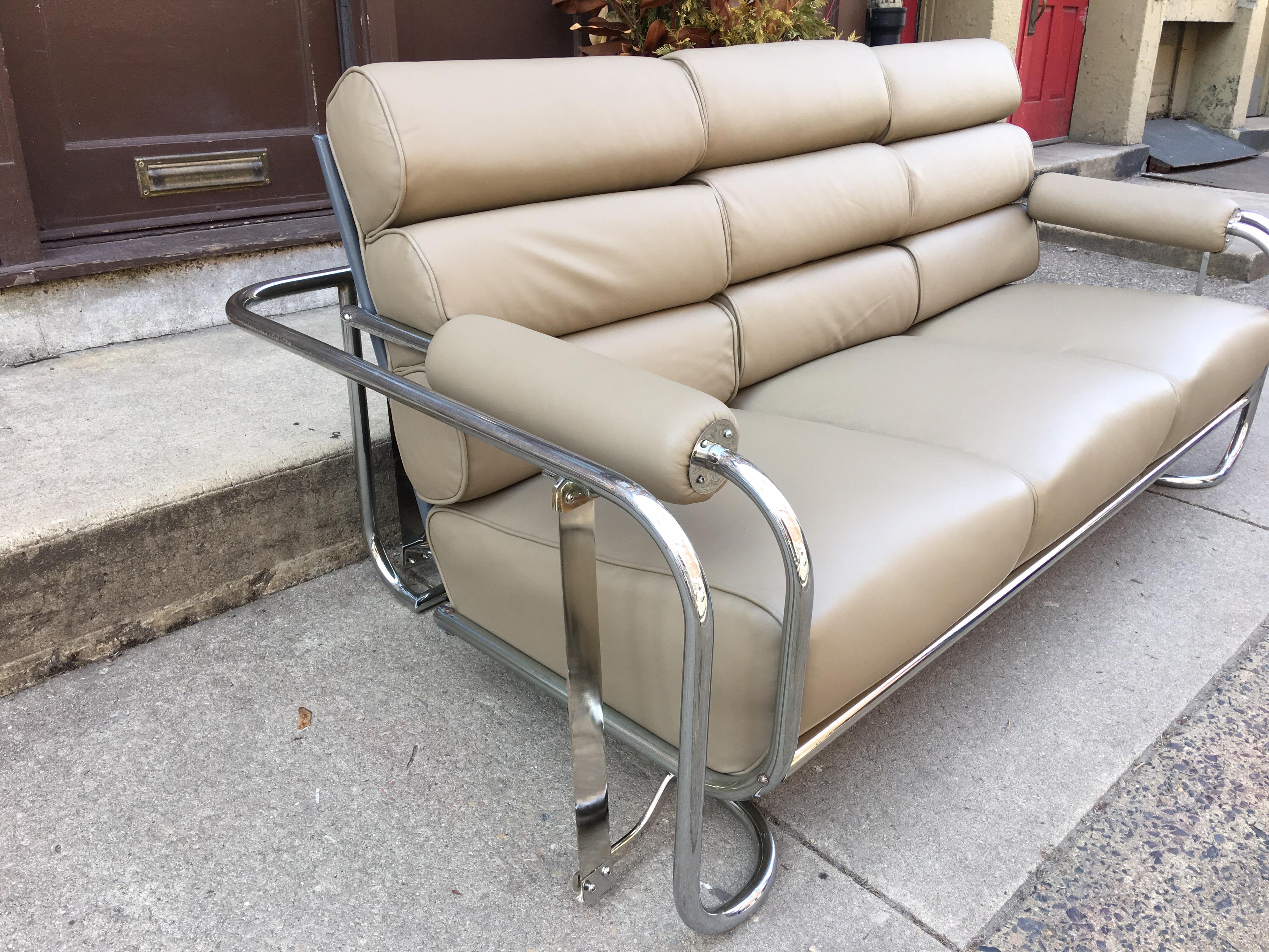 Gilbert Rohde for Troy Sunshade chrome glider sofa. Monumental, whimsical and crazy Machine Age all in one! Gilbert Rohde did some of the most amazing designs in the 1930s! Head designer for Herman Miller all through the 1930s, but also did work for