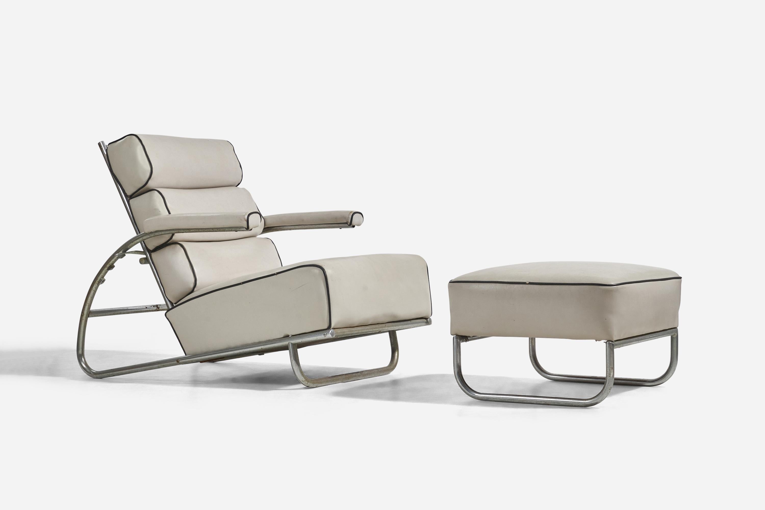 An adjustable, chrome steel and white vinyl lounge chair with ottoman, designed by Gilbert Rohde and produced by Troy Sunshade Company, Troy, Ohio, 1940s.
