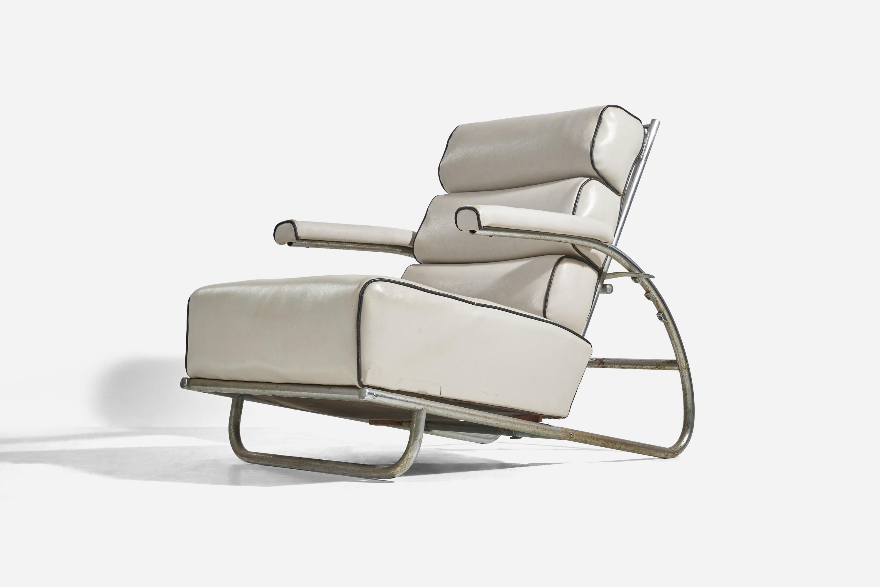 Machine Age Gilbert Rohde, Lounge Chair, Chrome Steel, Vinyl, Troy Sunshade Co., USA, 1940s For Sale