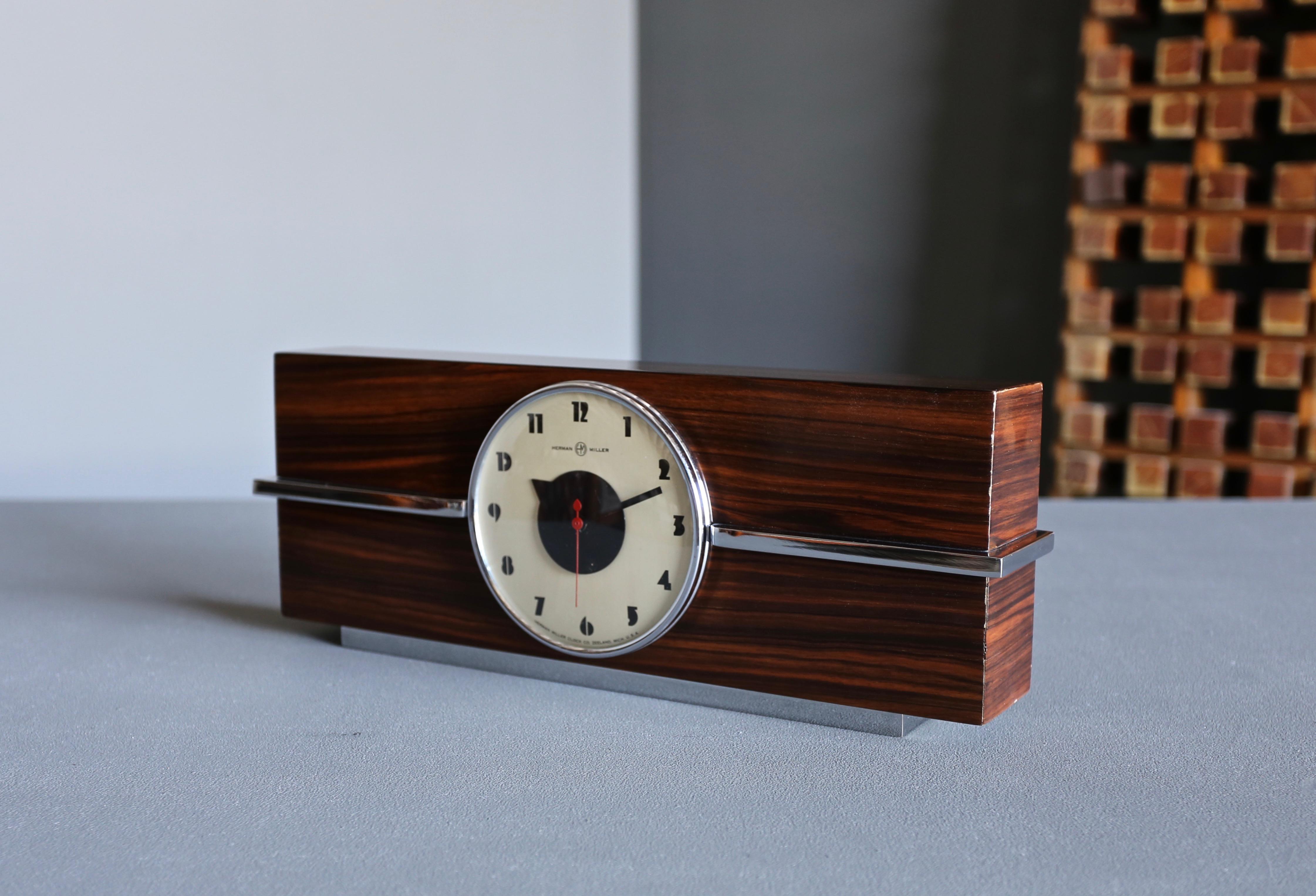 Machine Age Gilbert Rohde Macassar Ebony Table Clock, No. 6366 for Herman Miller, circa 1940