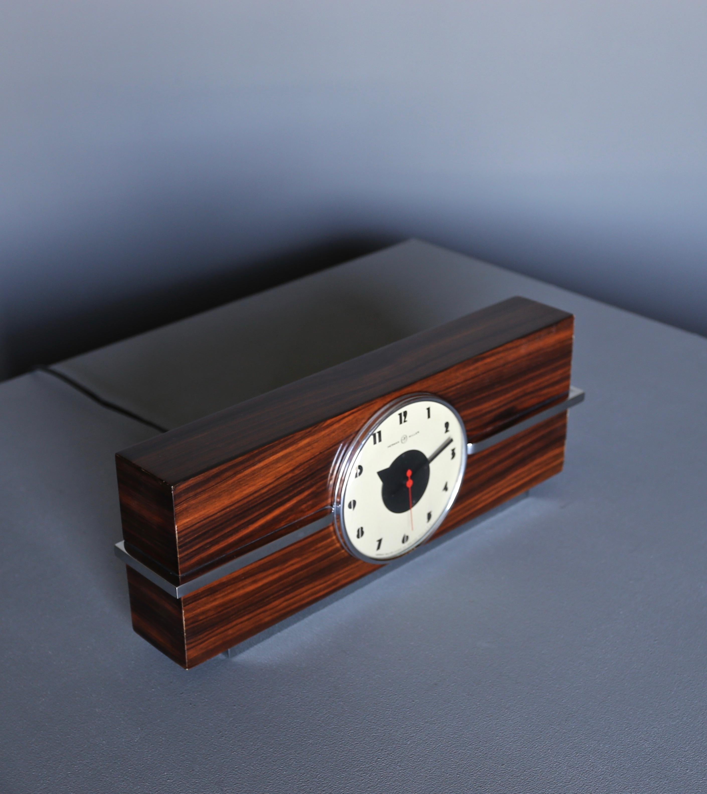 20th Century Gilbert Rohde Macassar Ebony Table Clock, No. 6366 for Herman Miller, circa 1940