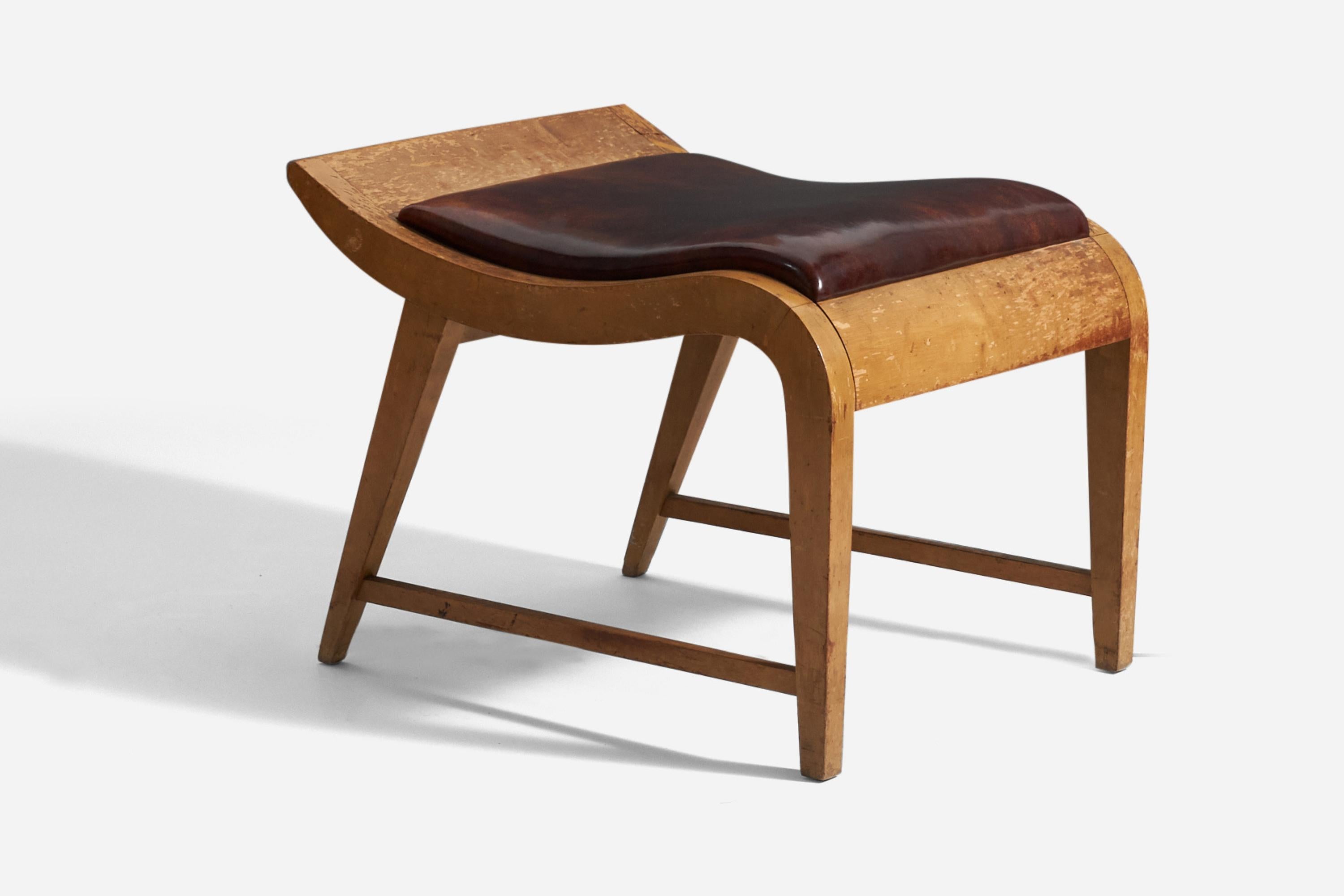 A rare stool, designed by Gilbert Rohde for Herman Miller, 1940s. In wood and brown leatherette/vinyl upholstery. 

Other designers of the period include Isamu Noguchi, Paul Frankl, Paul Laszlo, T.H. Robsjohn-Gibbings, and Tommi Parzinger.