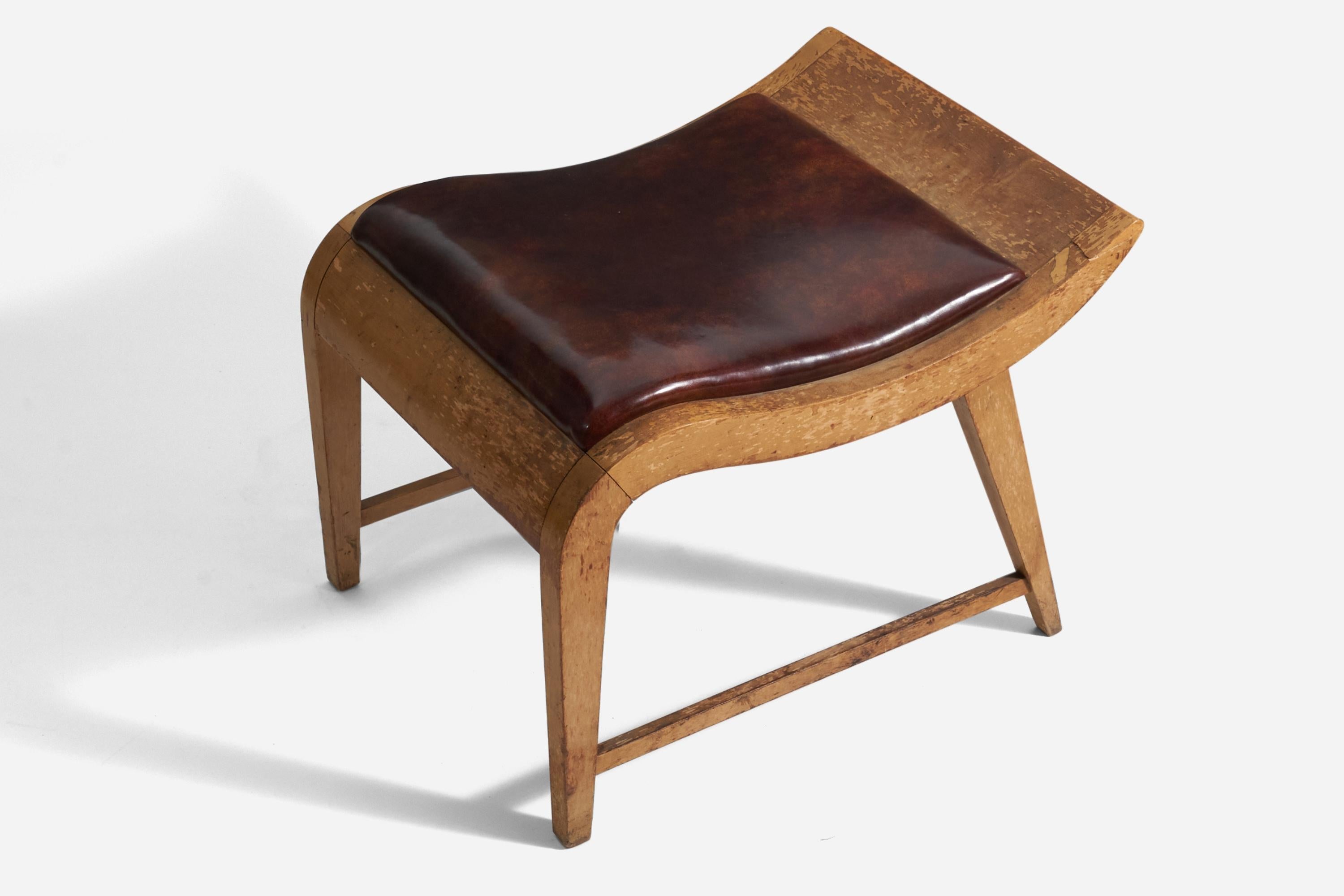Mid-Century Modern Gilbert Rohde, Rare Stool, Wood, Brown Leatherette, Herman Miller, 1940s For Sale