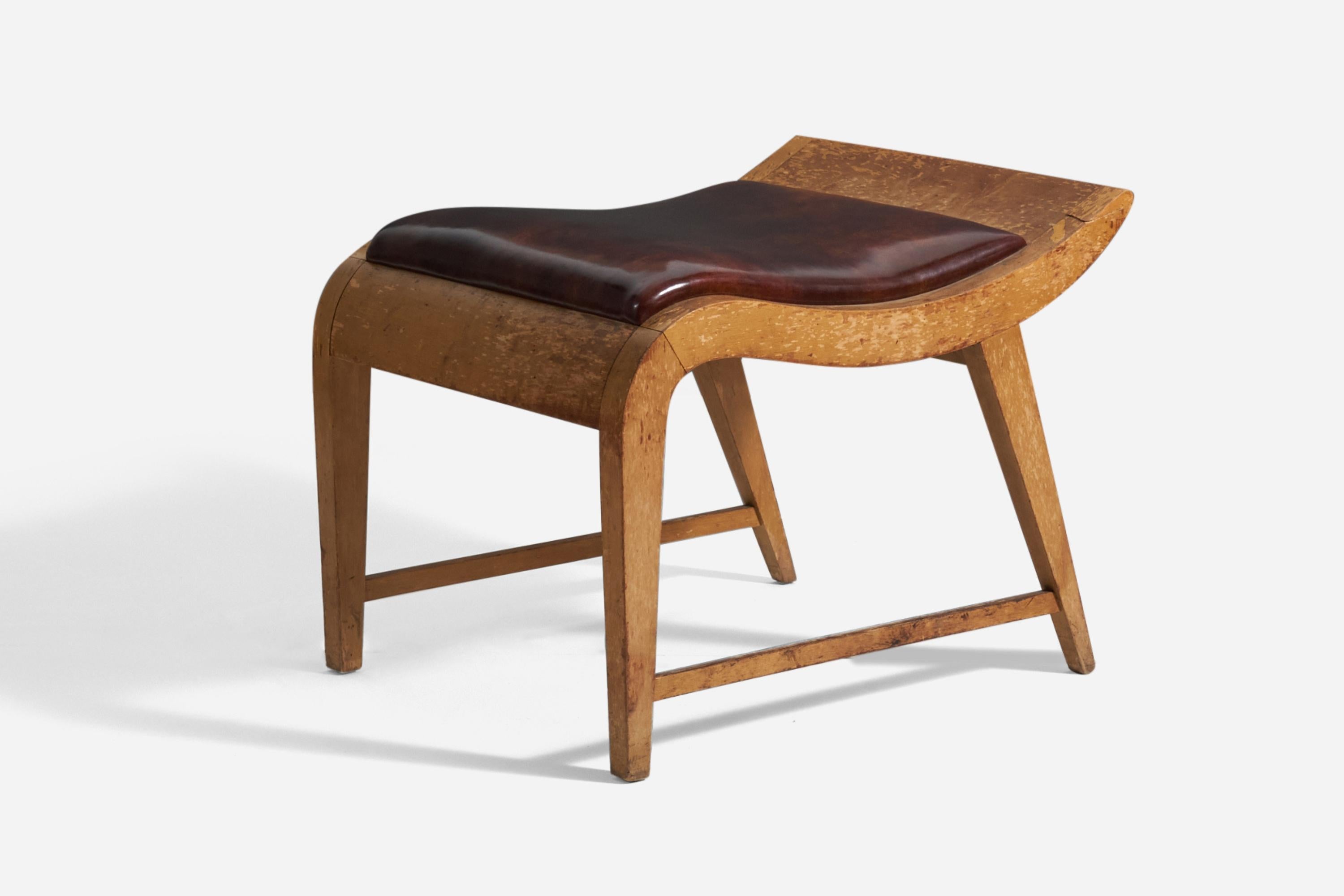 Mid-20th Century Gilbert Rohde, Rare Stool, Wood, Brown Leatherette, Herman Miller, 1940s For Sale