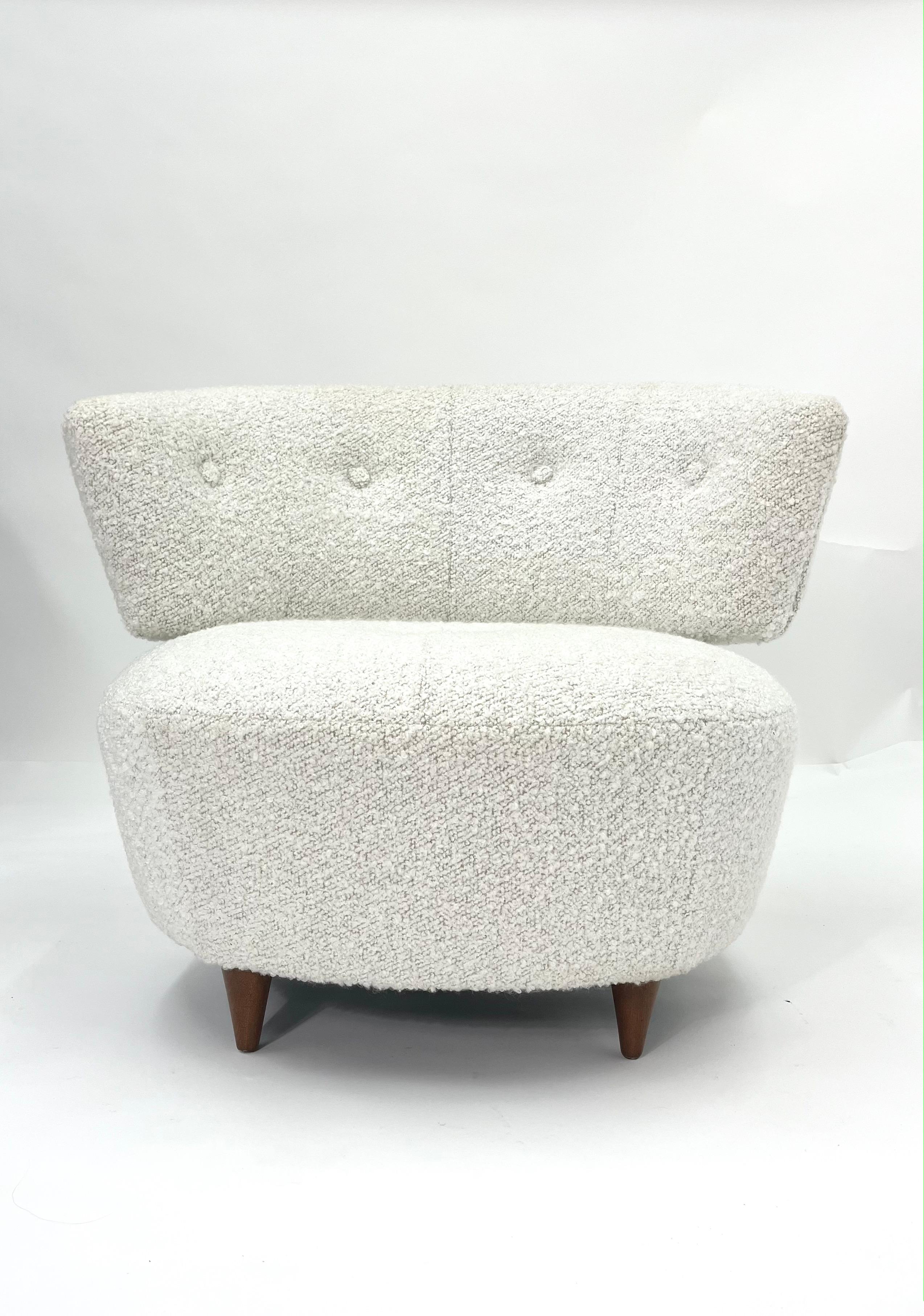 Gilbert Rohde slipper chair for Herman Miller, circa 1930s. Wonderful Art Deco, slipper, lounge chair by Gilbert Rohde for Herman Miller features a rounded profile with upholstered seat and back. This piece has been reupholstered in a Kravet white