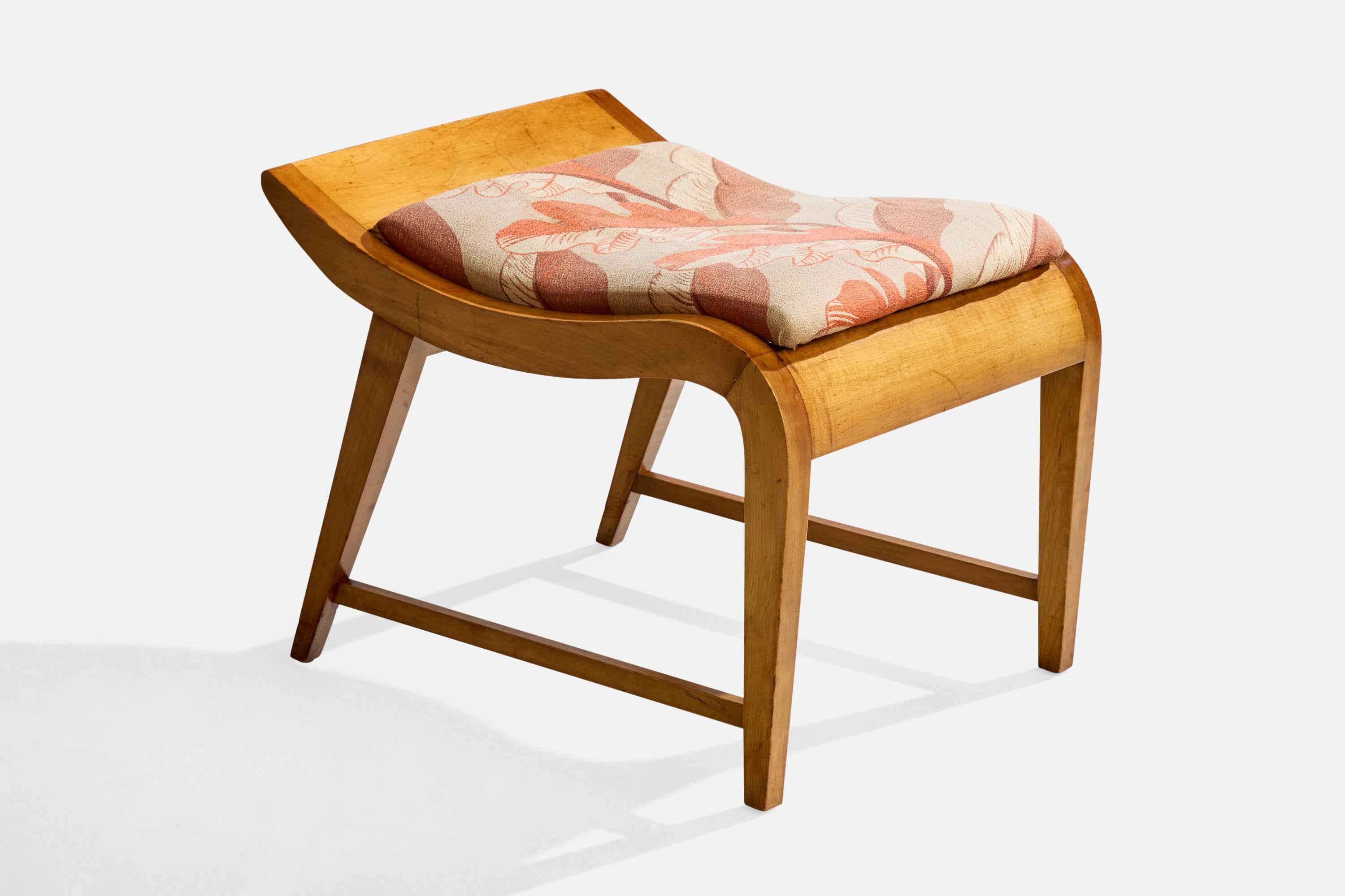 A maple and floral-printed fabric stool designed by Gilbert Rohde and produced by Herman Miller, c. 1935.

Wear to wood consistent with age and use

Vintage fabric in fair condition

Stains present to vintage fabric

Wear consistent with age and