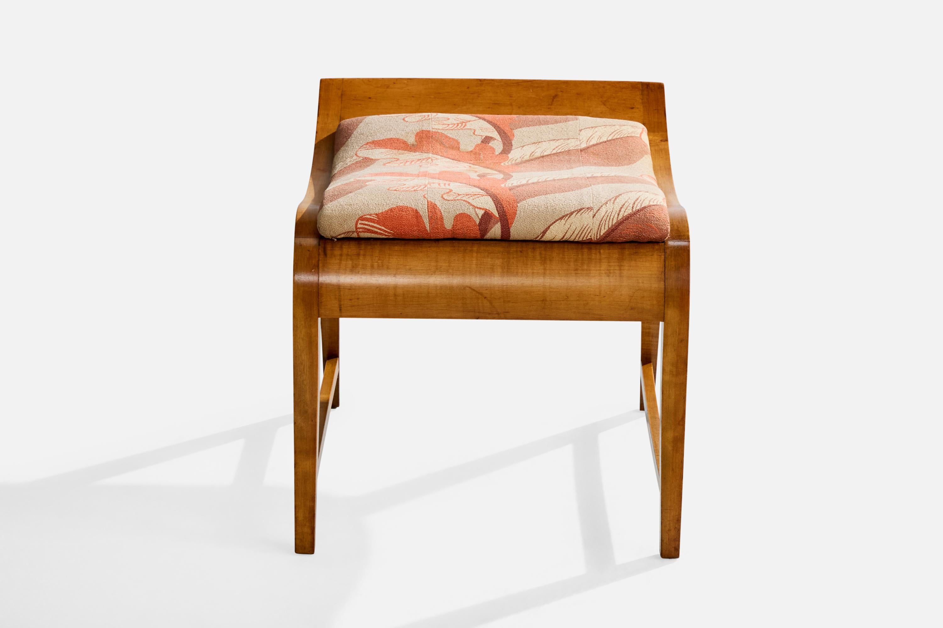Mid-Century Modern Gilbert Rohde, Stool, Maple, Fabric, USA, 1930s For Sale