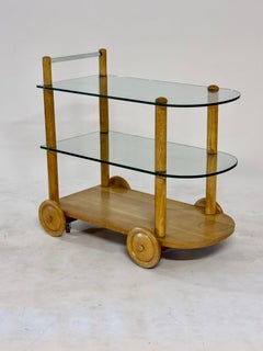 Gilbert Rohde Style Art Deco Glass & Cerused Oak Bar or Serving Cart on Wheels