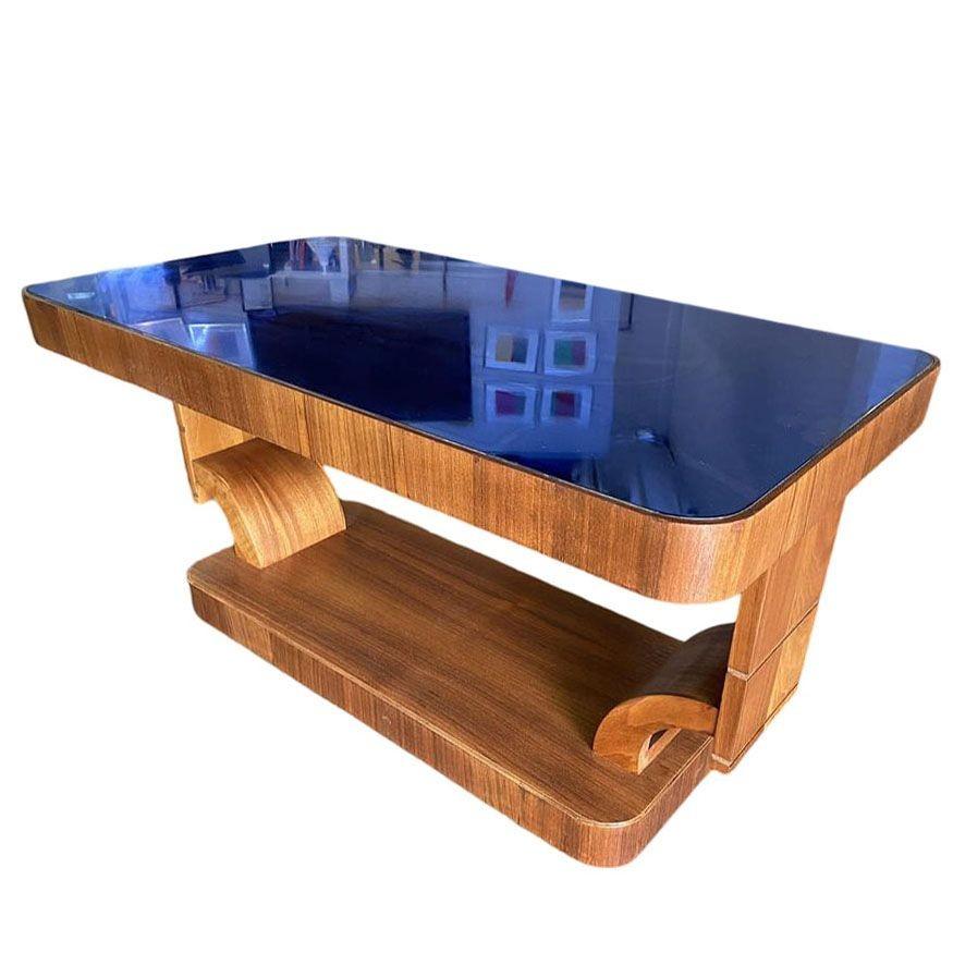 Américain Table basse Art déco Gilbert Rohde avec plateau en verre cobalt en vente