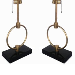 Mid-century Gilbert Rohde Style Brass Ring Table Lamp, Pair