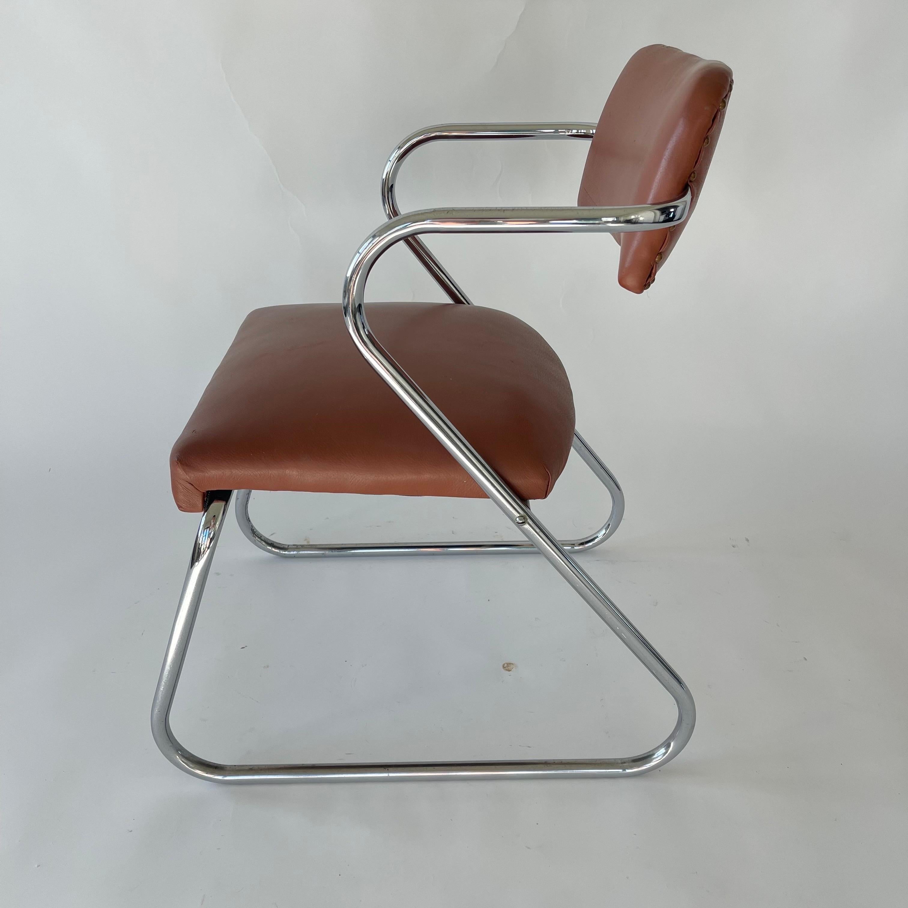 Plated Gilbert Rohde Z Chair in Cognac Leather and Chrome for Troy Sunshade, USA 1930s For Sale