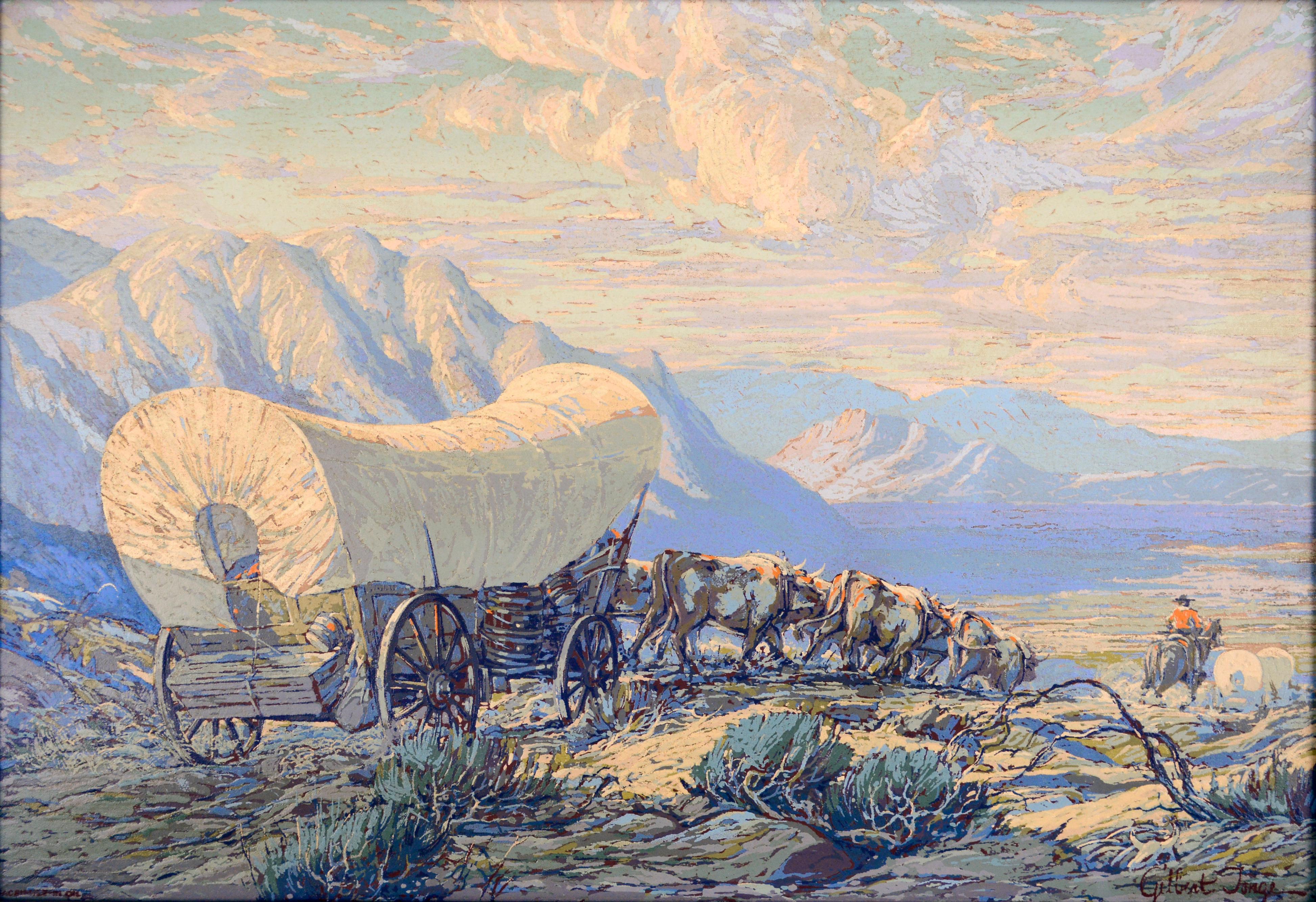 „The Covered Wagon“ auf dem Oregon Trail, Prairie-Stipendiat, Pferd und Vieh – Print von Gilbert Ross Tonge