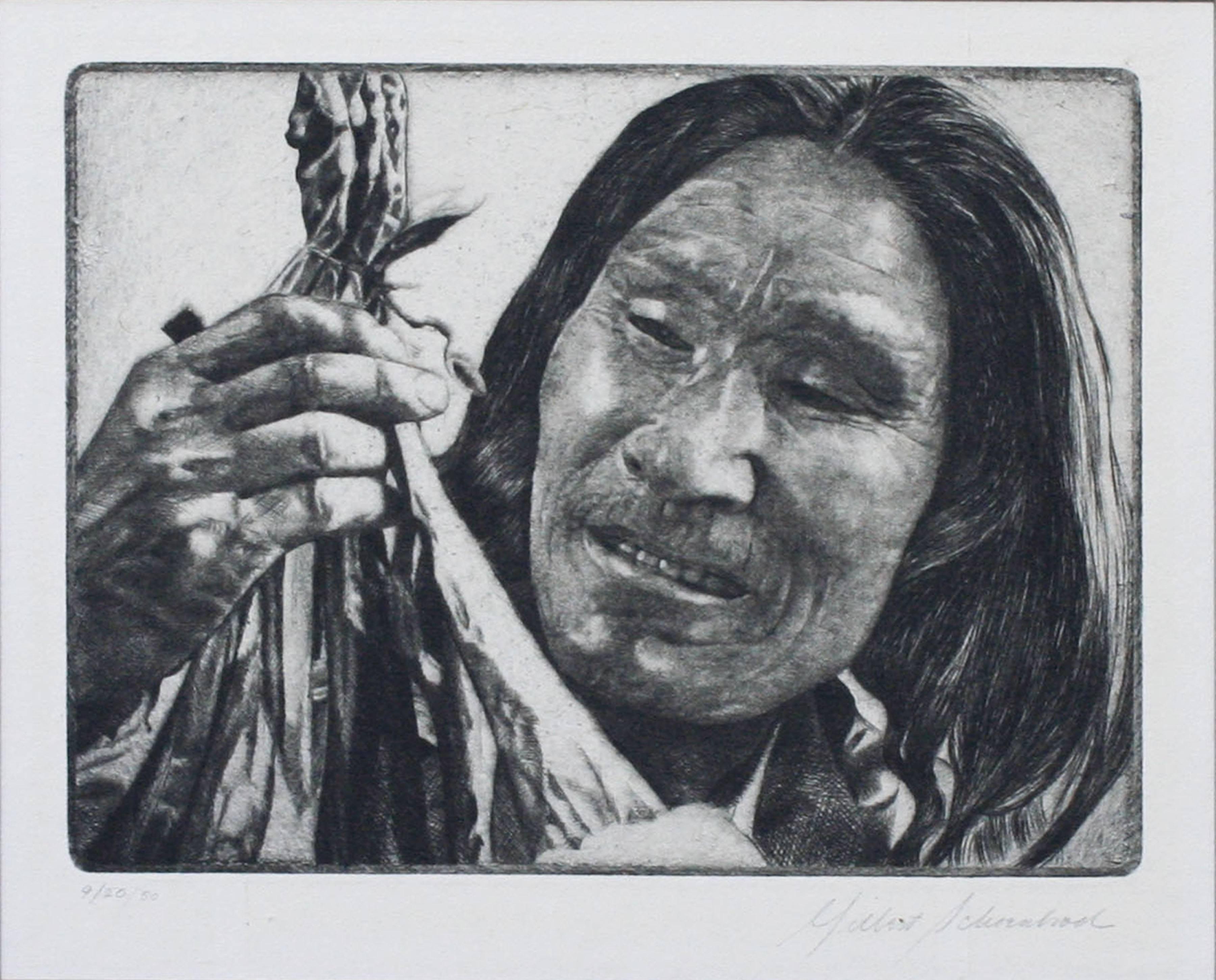 The Hunter, Mid-Century Photo Realist Drypoint Etching Portrait, Limited Edition - Print by Gilbert Shoenbrod