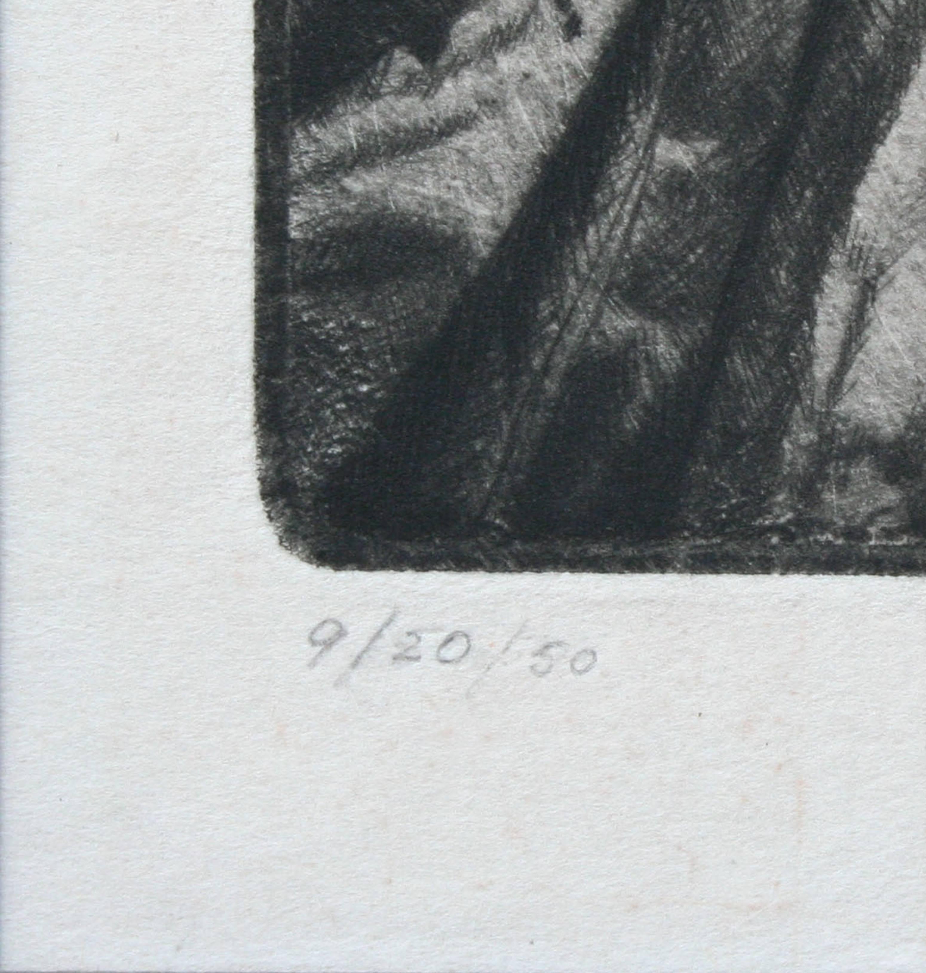 The Hunter, Fotorealistisches Porträt in Kaltnadelradierungstechnik aus der Mitte des Jahrhunderts, limitierte Auflage (Fotorealismus), Print, von Gilbert Shoenbrod