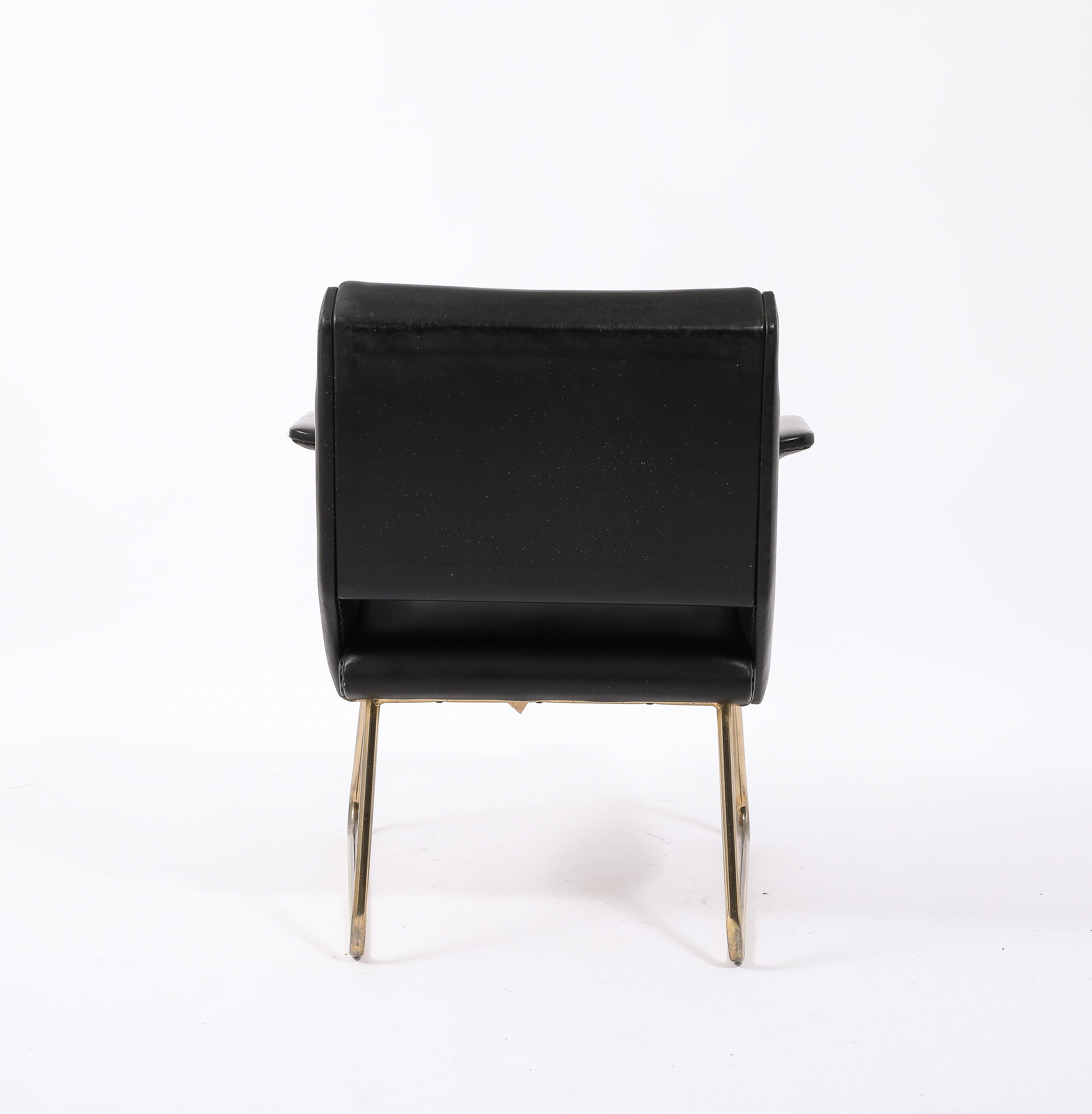 Brass Gilbert Steiner Black Armchair, France 1960's For Sale