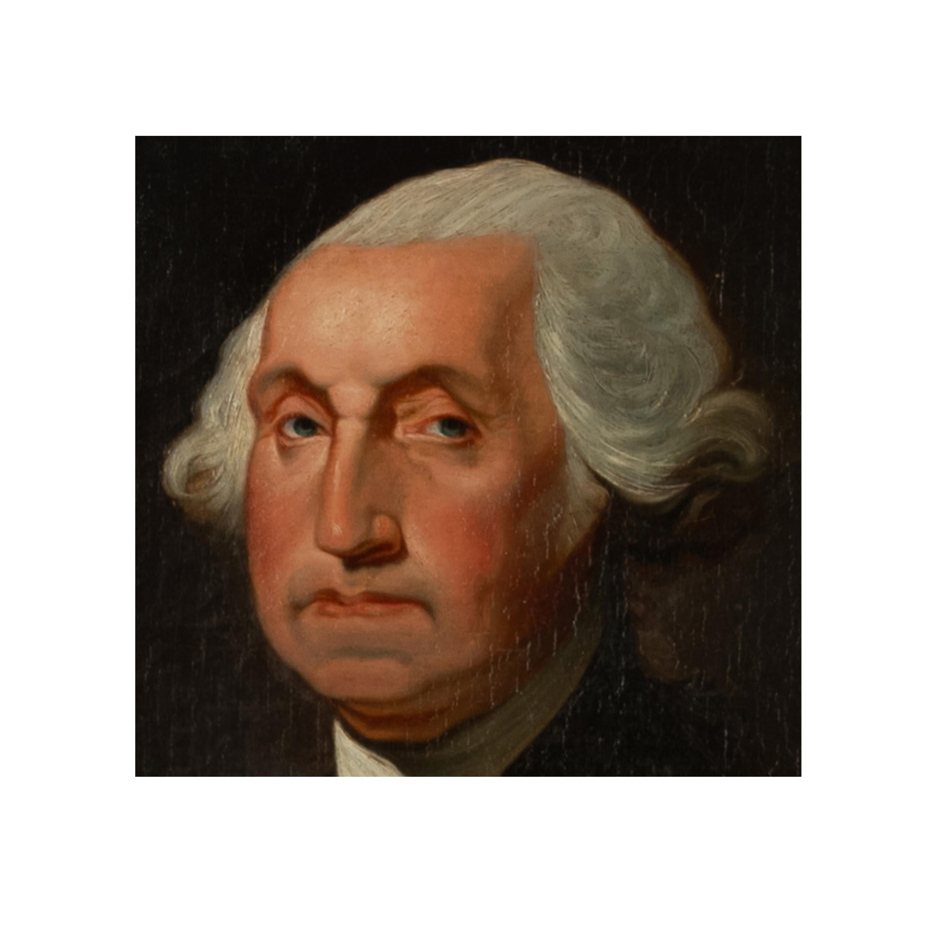 Ein sehr gutes amerikanisches Gemälde des 19. Jahrhunderts in Öl auf Leinwand von Präsident George Washington, um 1845, nach dem Athenaeum-Porträt von Gilbert Stuart (1755-1828).
Das Porträt ist sehr getreu den vielen von Stuart gemalten (siehe die