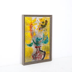 Modernist Ceramic Tile Wall Plaque of Sunflowers Signed Gilbert Valentin