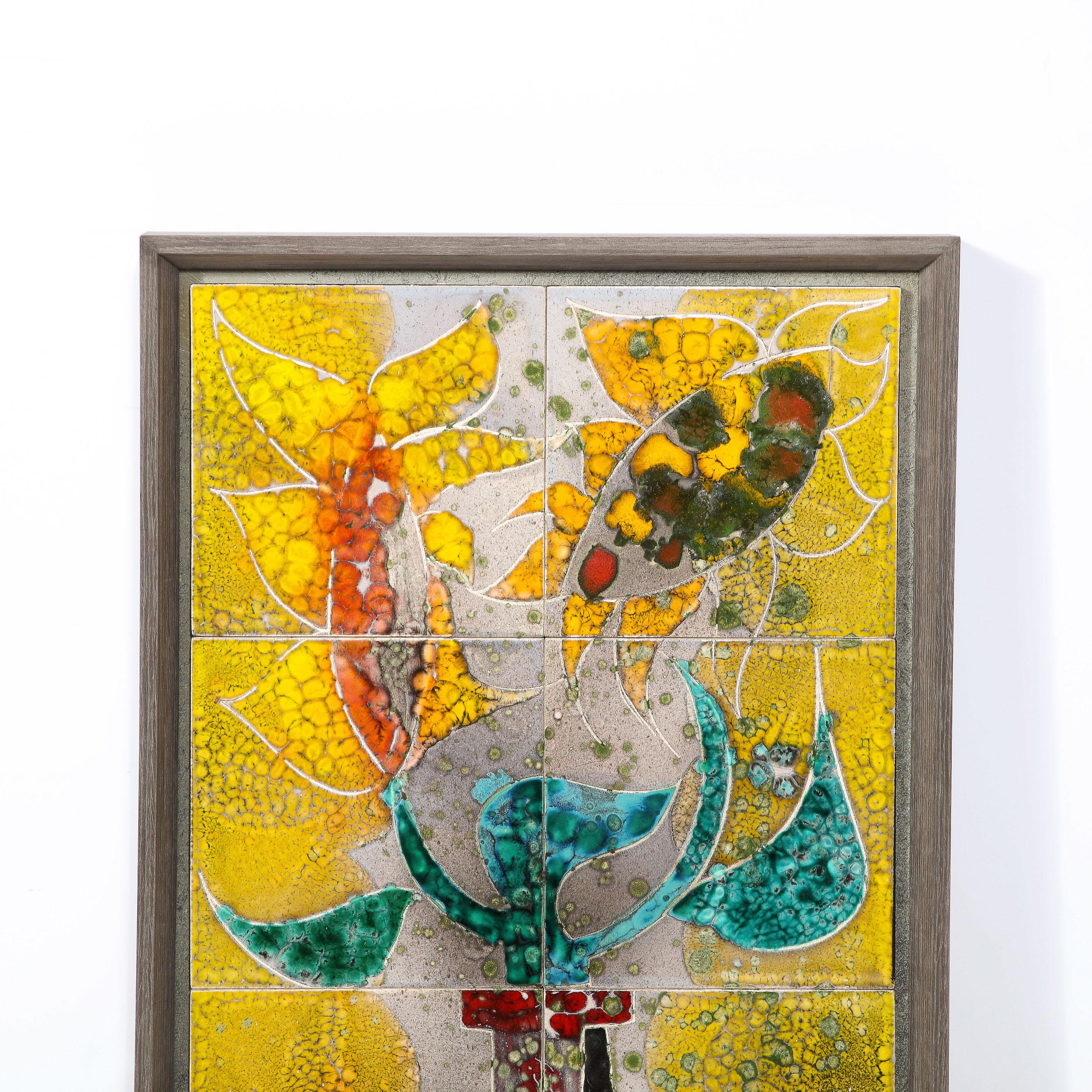 Modernist Ceramic Tile Wall Plaque of Sunflowers Signed Gilbert Valentin For Sale 2