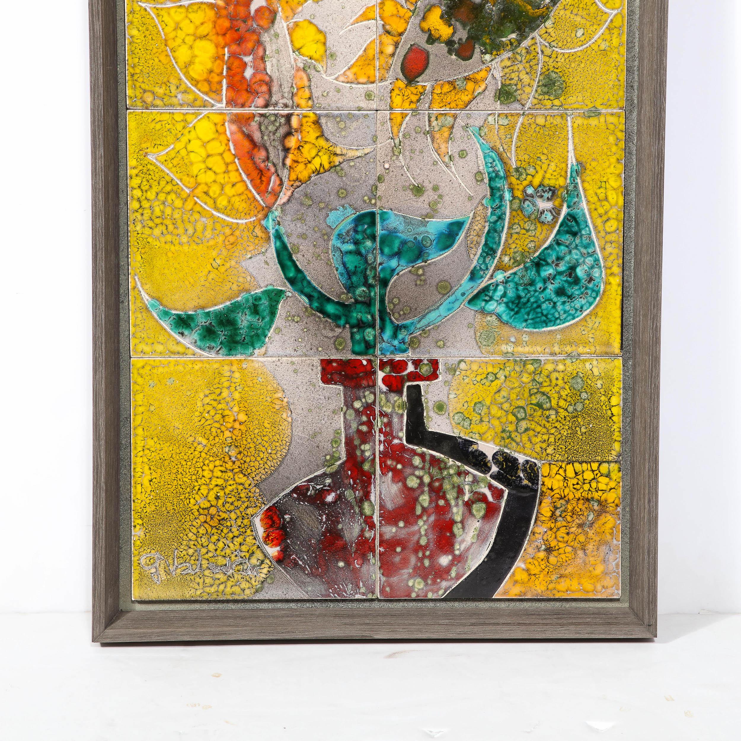 Modernist Ceramic Tile Wall Plaque of Sunflowers Signed Gilbert Valentin For Sale 3