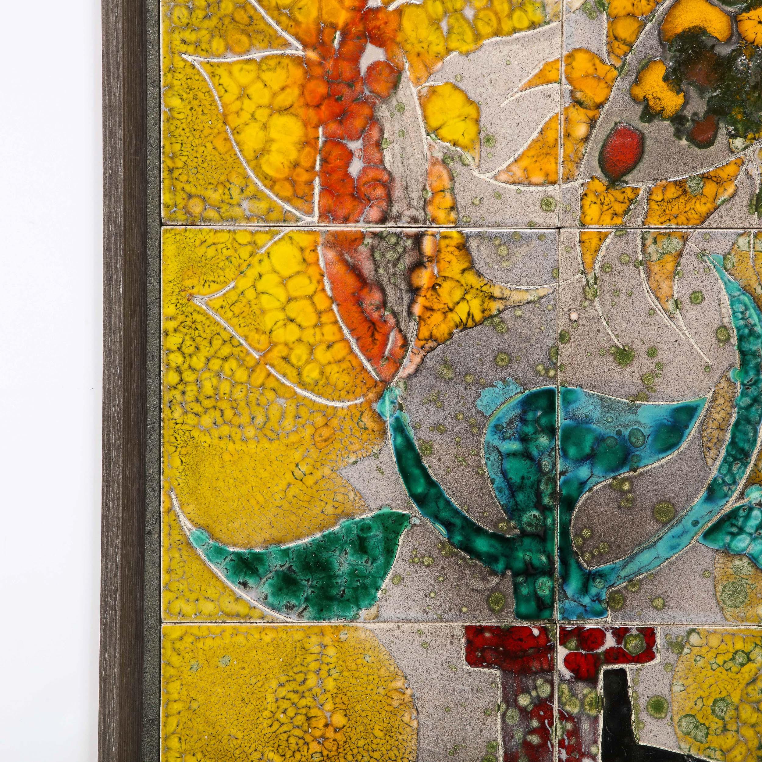 Modernist Ceramic Tile Wall Plaque of Sunflowers Signed Gilbert Valentin For Sale 7
