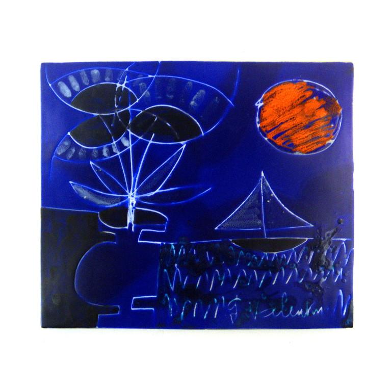 Ceramic wall plaque by Gilbert Valentin (Les Archanges - Vallauris), France, 1950s. Superb pattern with deep and strong colors. Signed 