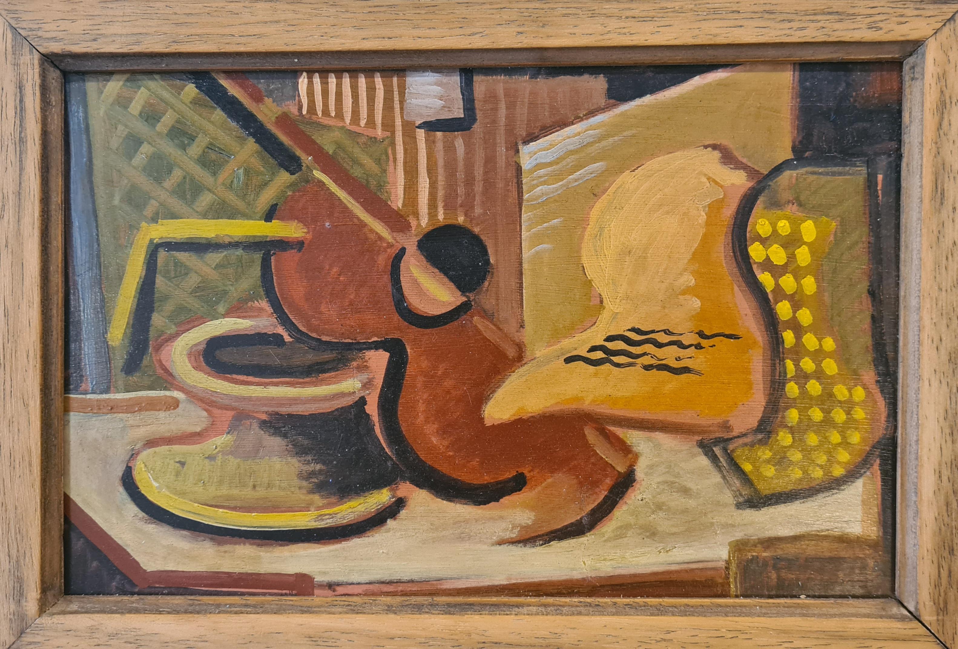 Gilberte Schmitt Interior Painting - French Cubist Still Life With Guitar