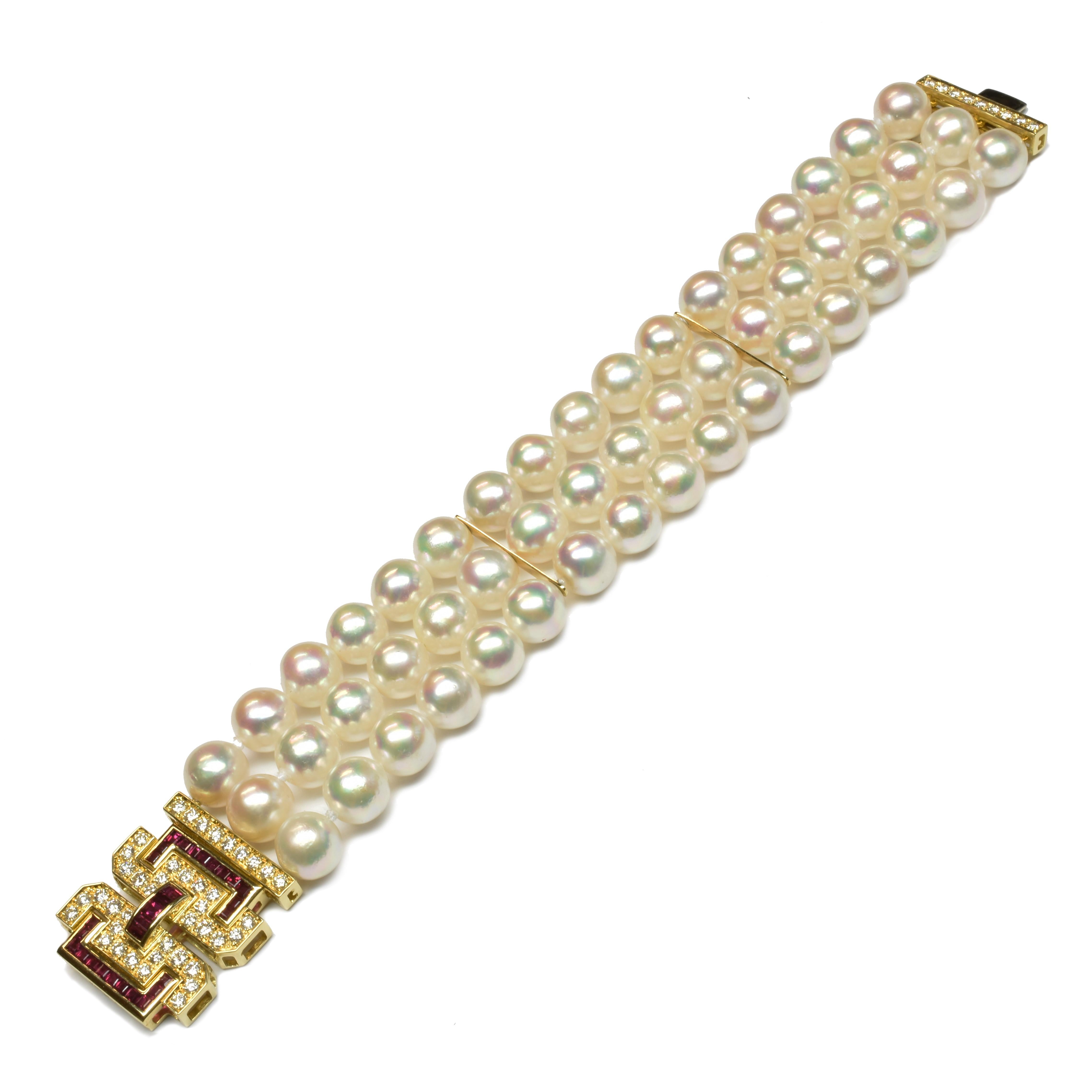 Round Cut Akoya Pearls Bacelet with Rubies and Diamonds Gold Clasp For Sale