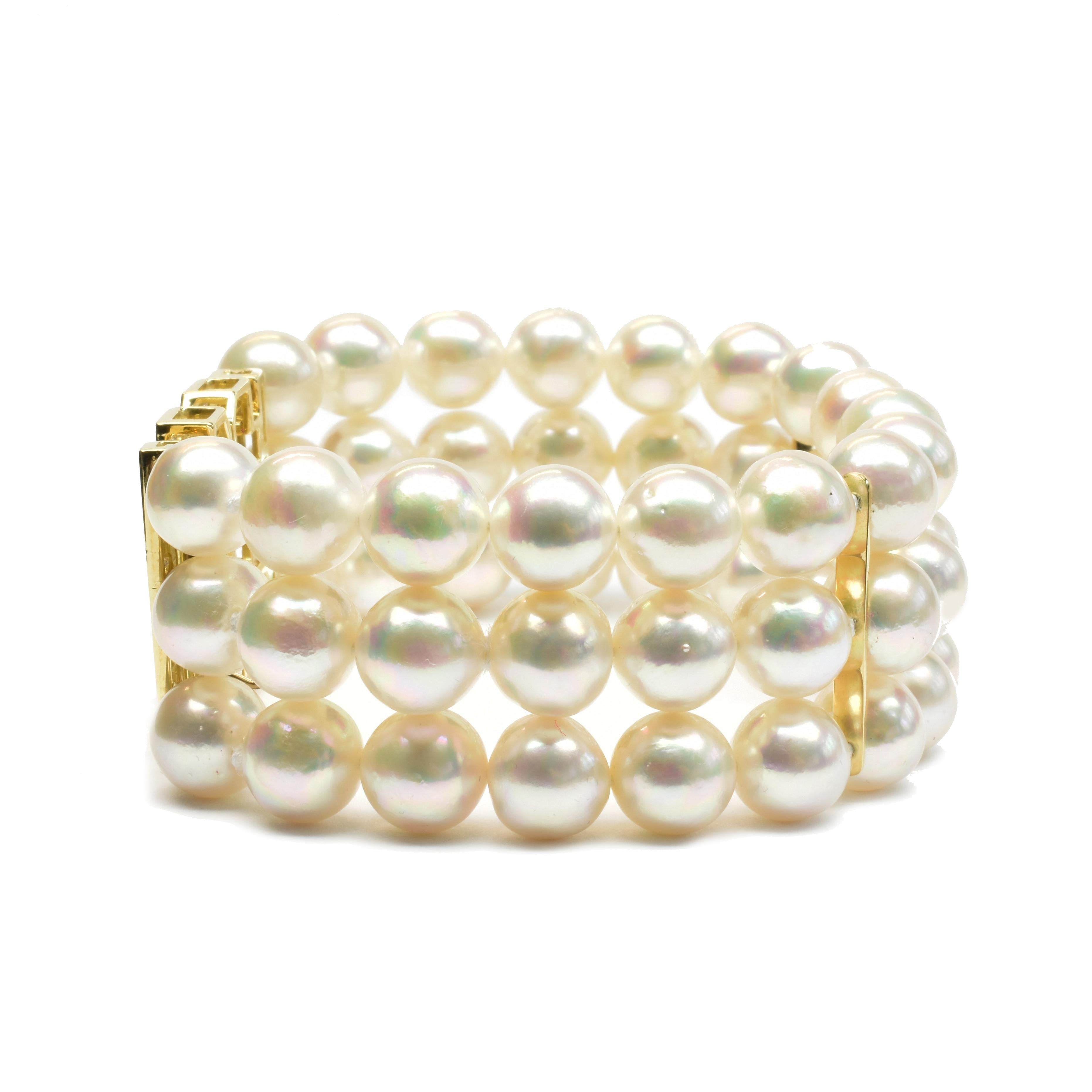 Women's Akoya Pearls Bacelet with Rubies and Diamonds Gold Clasp For Sale