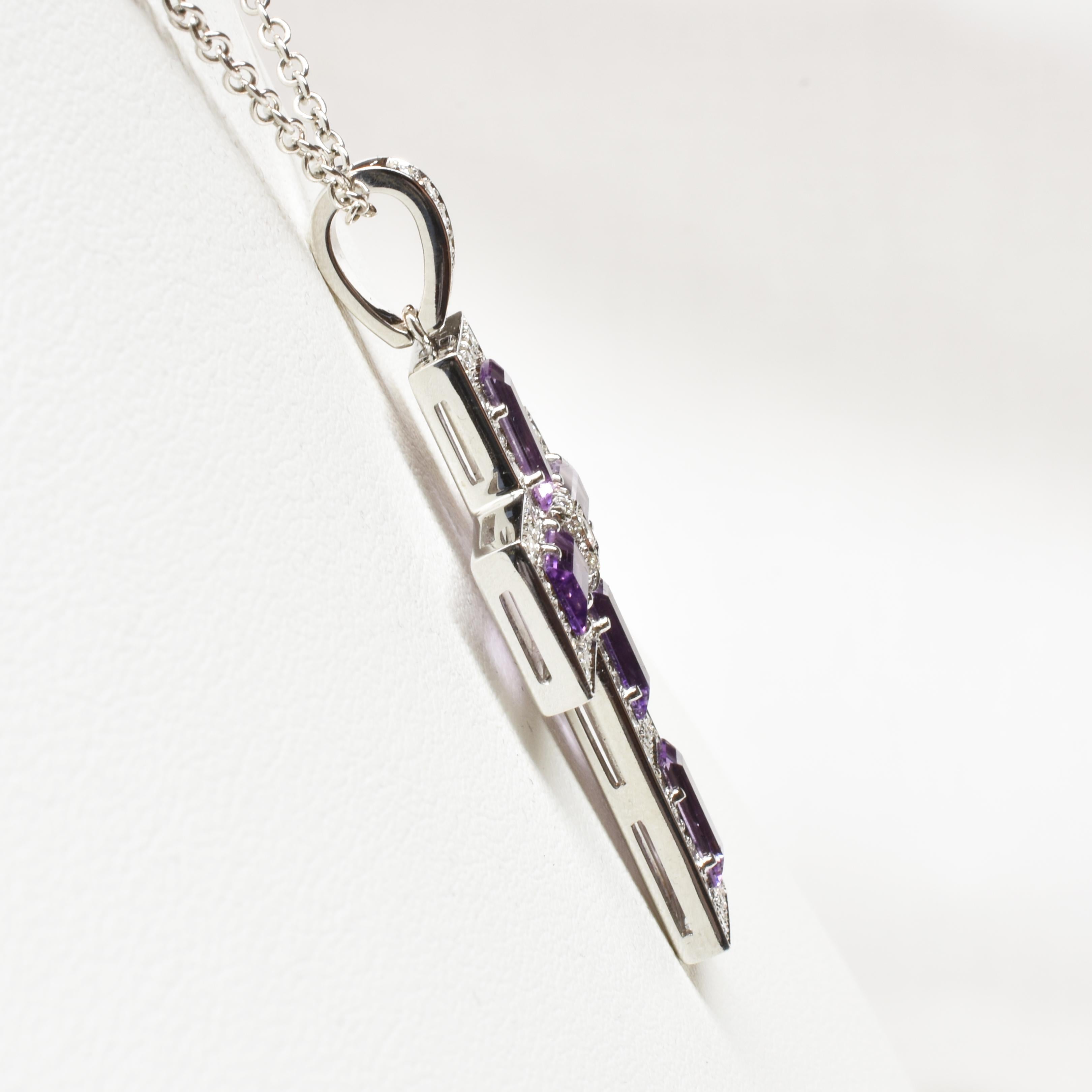 Contemporary Amethyst Baguettes and Diamonds White Gold Cross Made in Italy For Sale