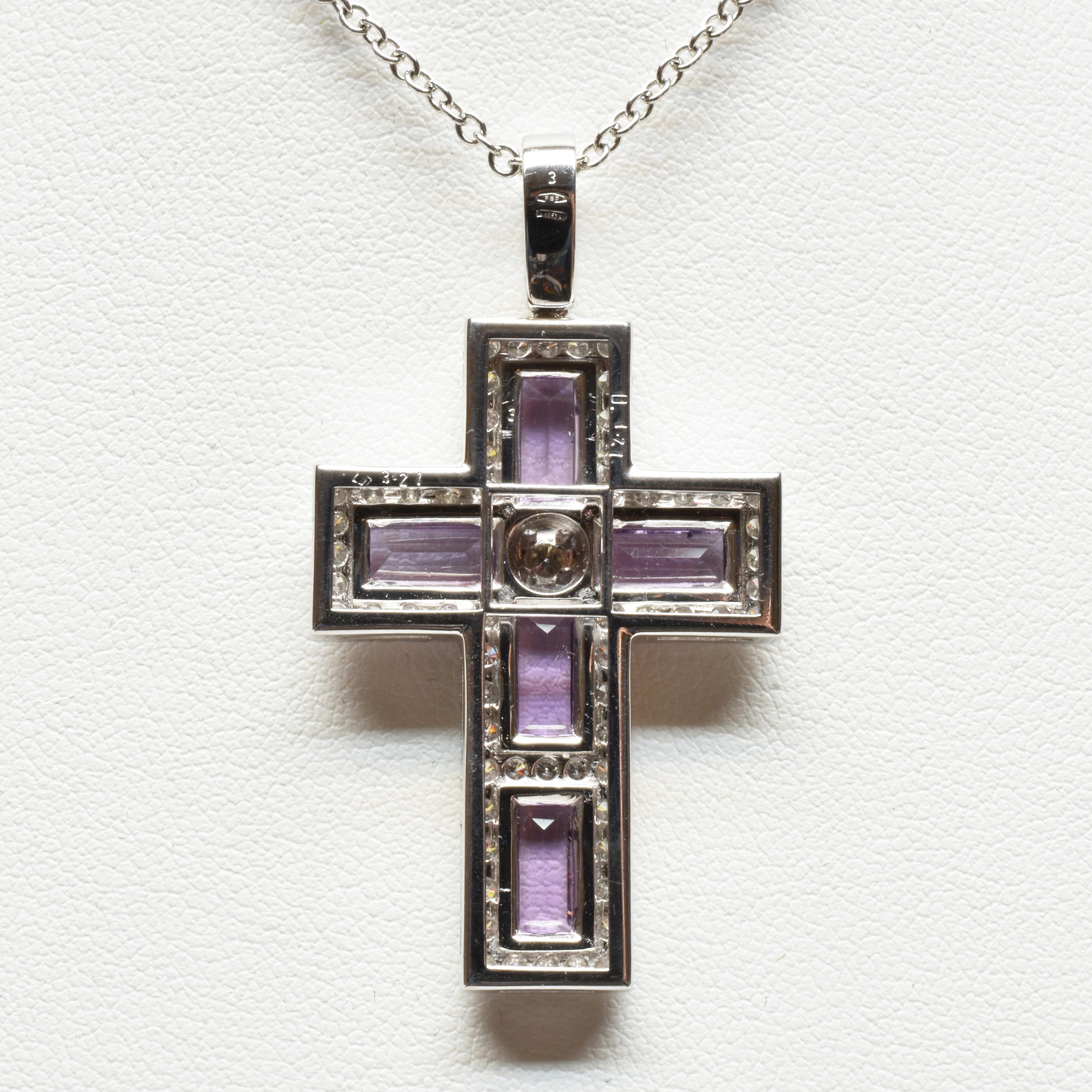 Baguette Cut Amethyst Baguettes and Diamonds White Gold Cross Made in Italy For Sale