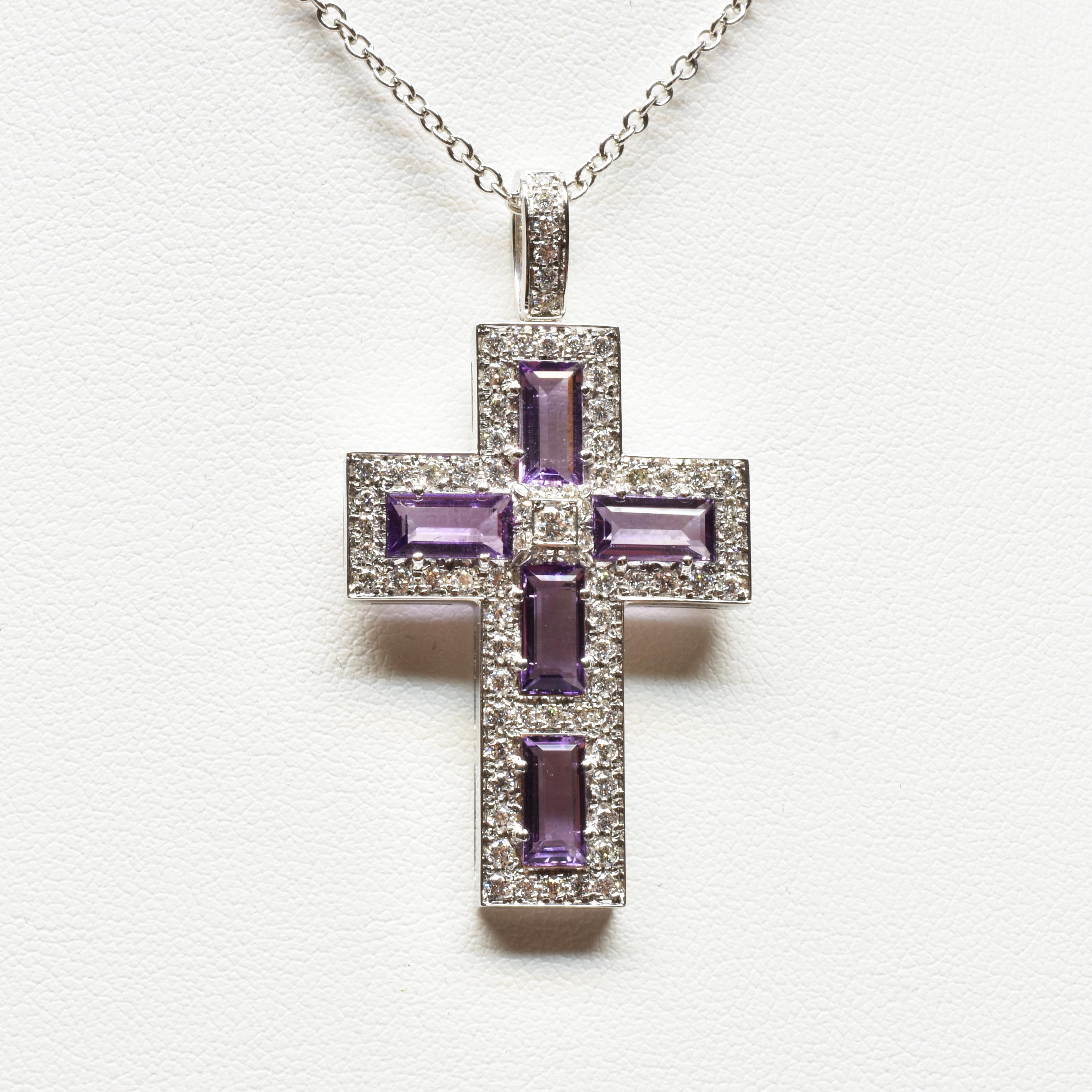 Women's Amethyst Baguettes and Diamonds White Gold Cross Made in Italy For Sale