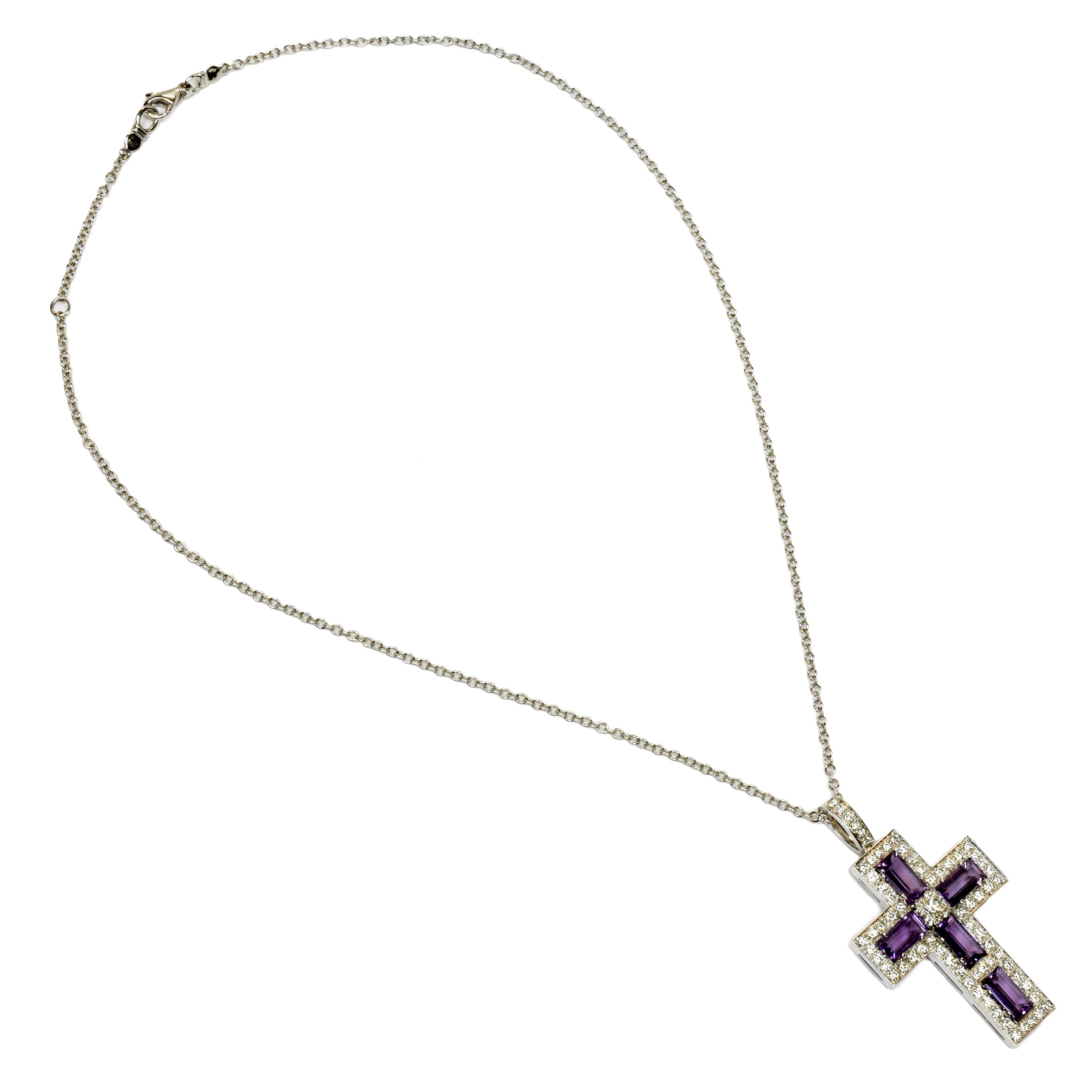 Amethyst Baguettes and Diamonds White Gold Cross Made in Italy For Sale 1