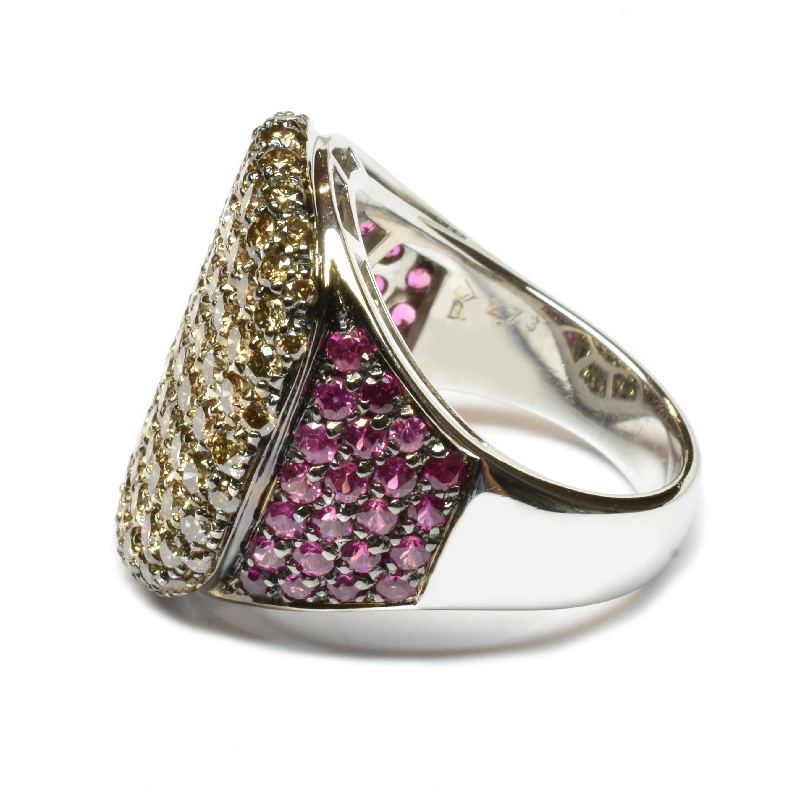 Contemporary Champagne Diamonds and Rubies White Gold Ring Made in Italy For Sale