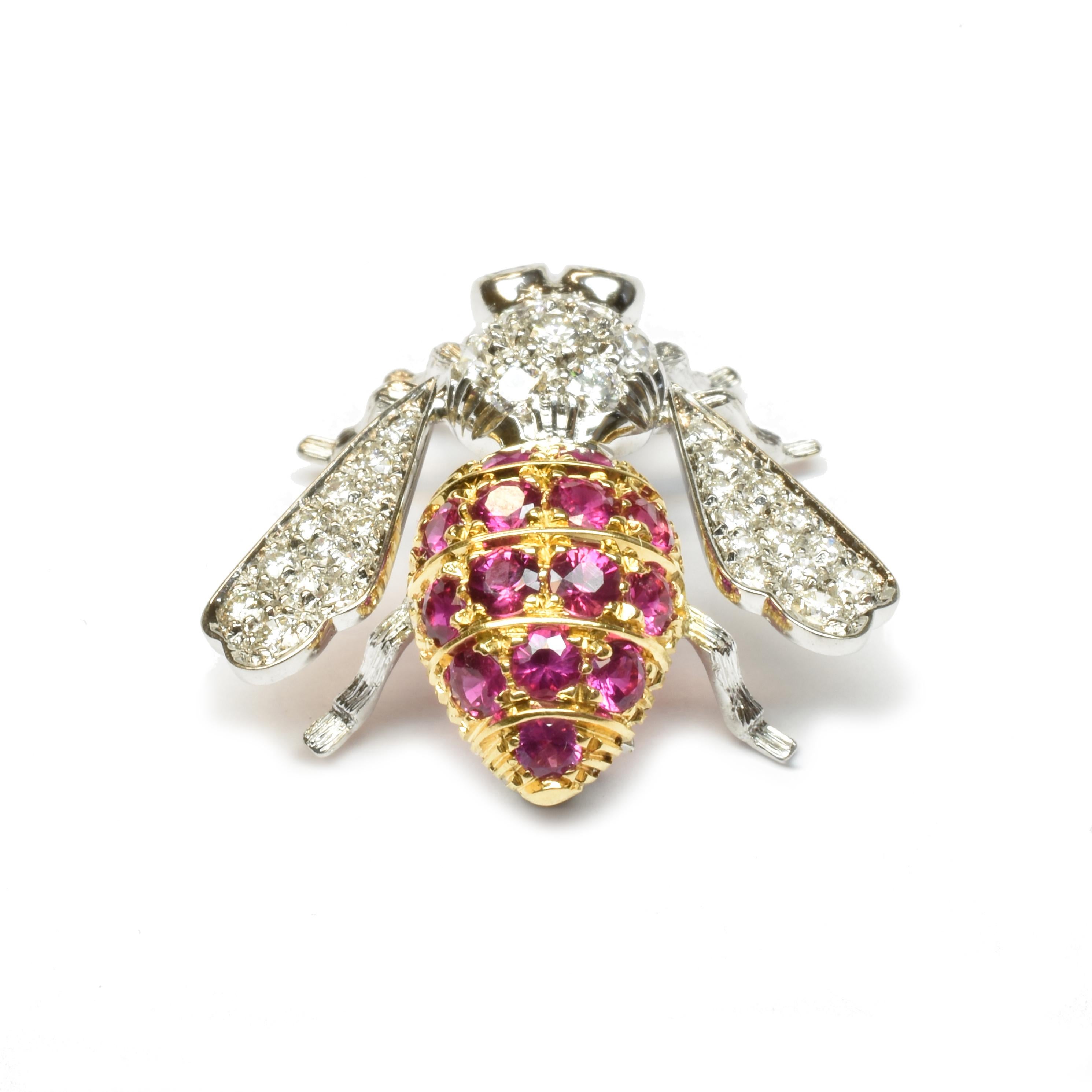 Round Cut Diamonds and Rubies Gold Bee Brooch Made in Italy
