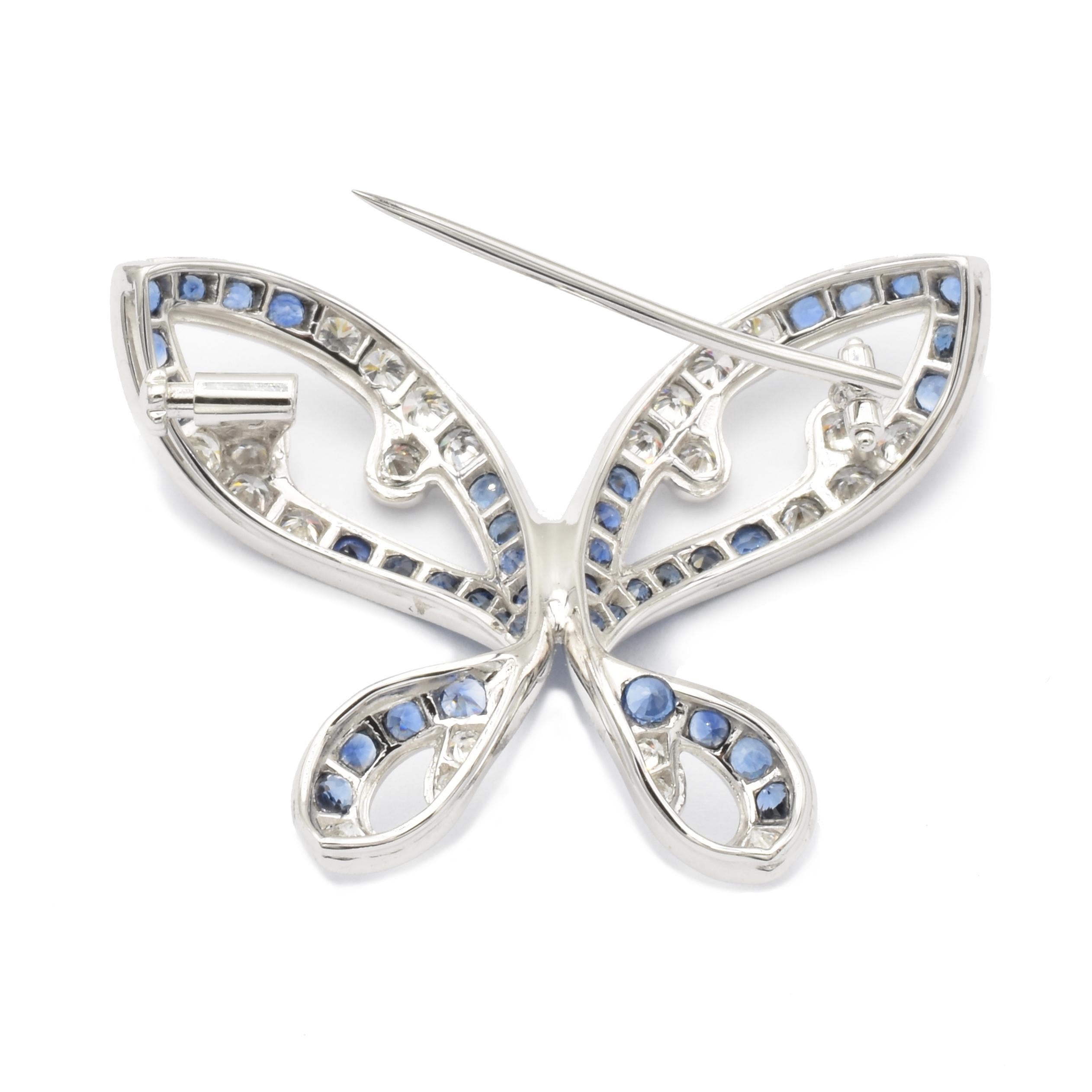 Round Cut Diamonds and Sapphires White Gold Butterfly Brooch, Italy For Sale