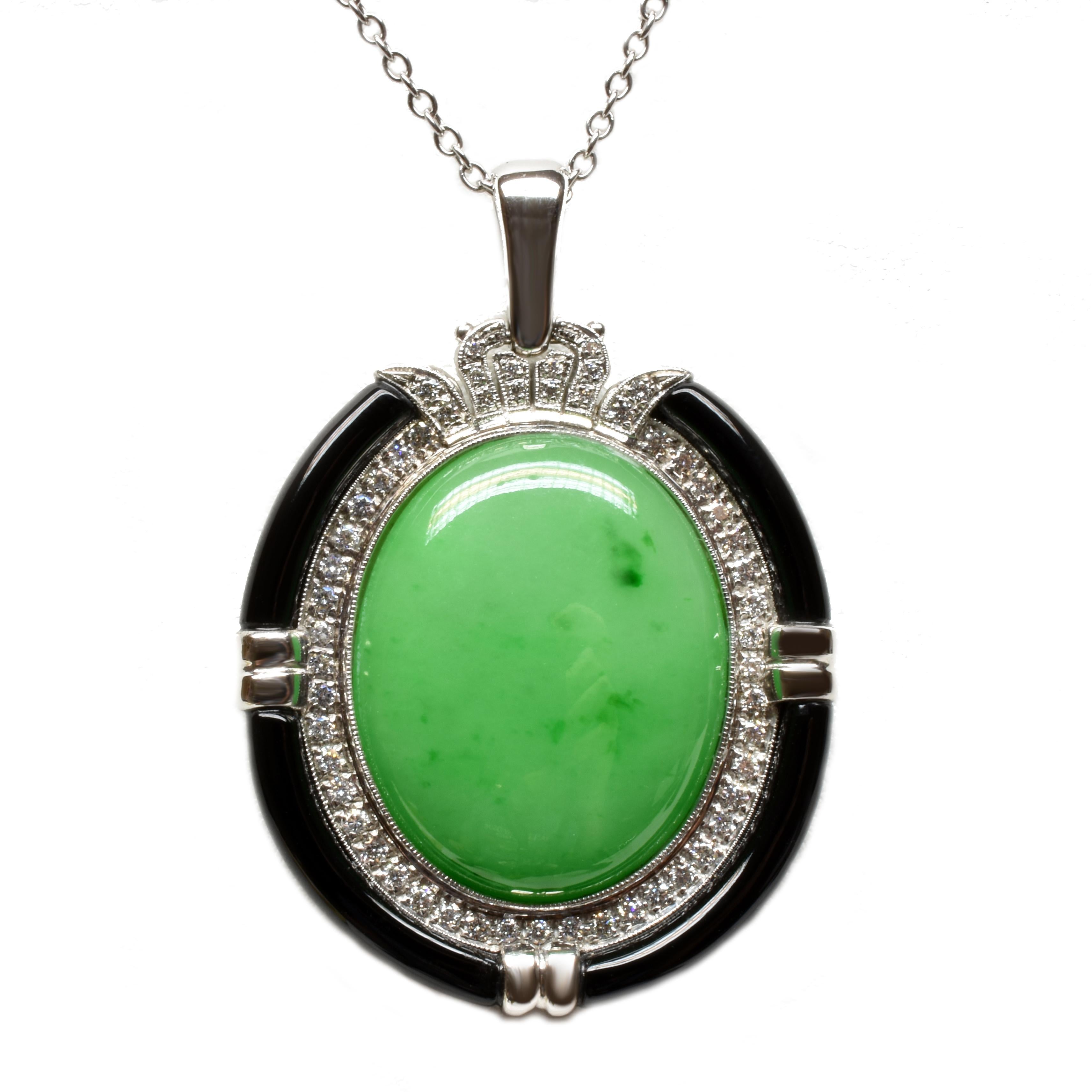 Gilberto Cassola 18Kt White Gold Pendant with an Oval Cushon Cut Green Jadeite, Black Onix and White Diamonds.
Unique Piece Handmade in our Atelier in Valenza Italy.
This beautiful Jadeite has a very nice bright green colour. Diamonds are with