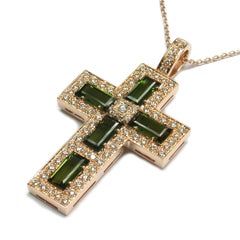 Green Tourmaline Baguettes and Diamonds Gold Cross Italy Made