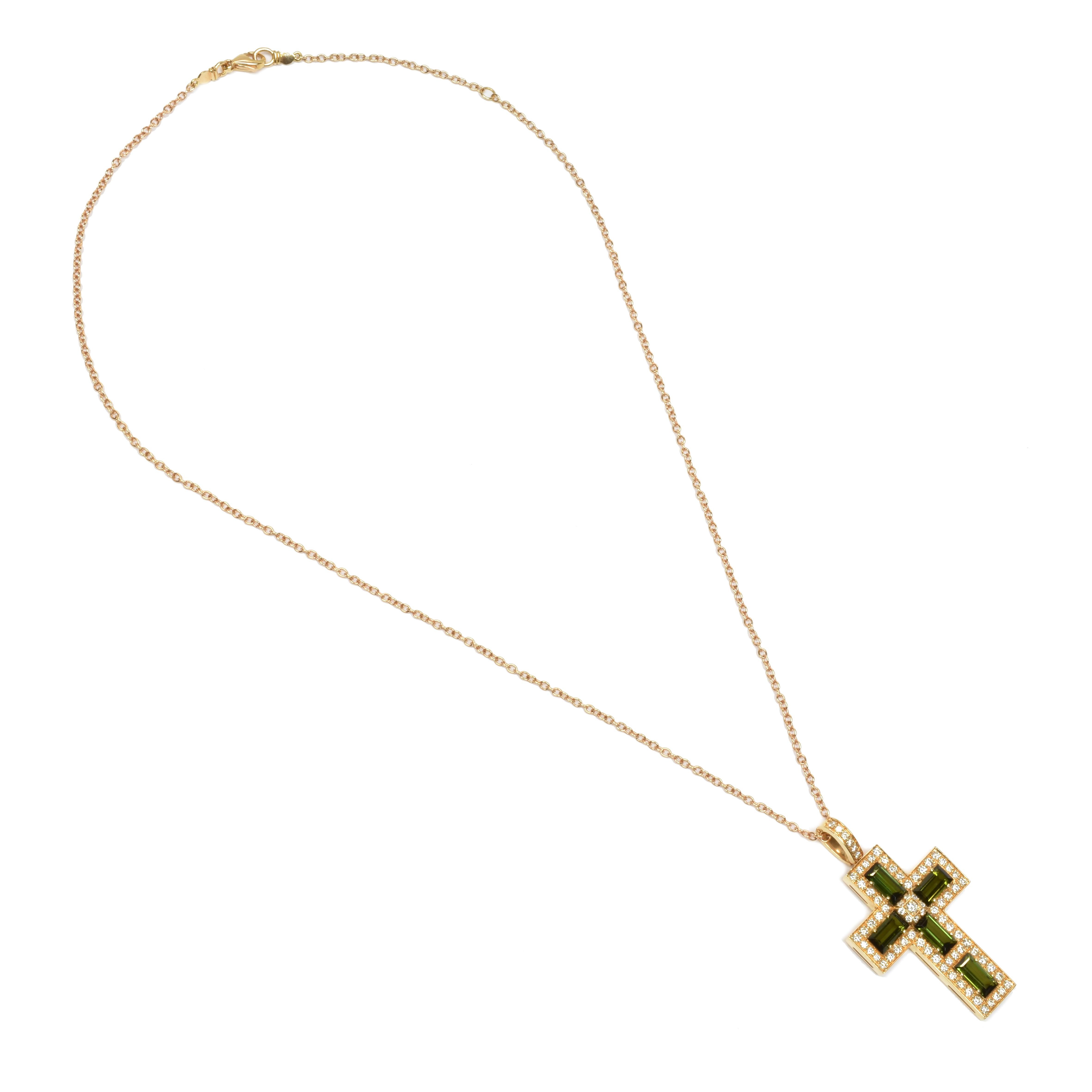 Baguette Cut Green Tourmaline Baguettes and Diamonds Gold Cross Italy Made For Sale
