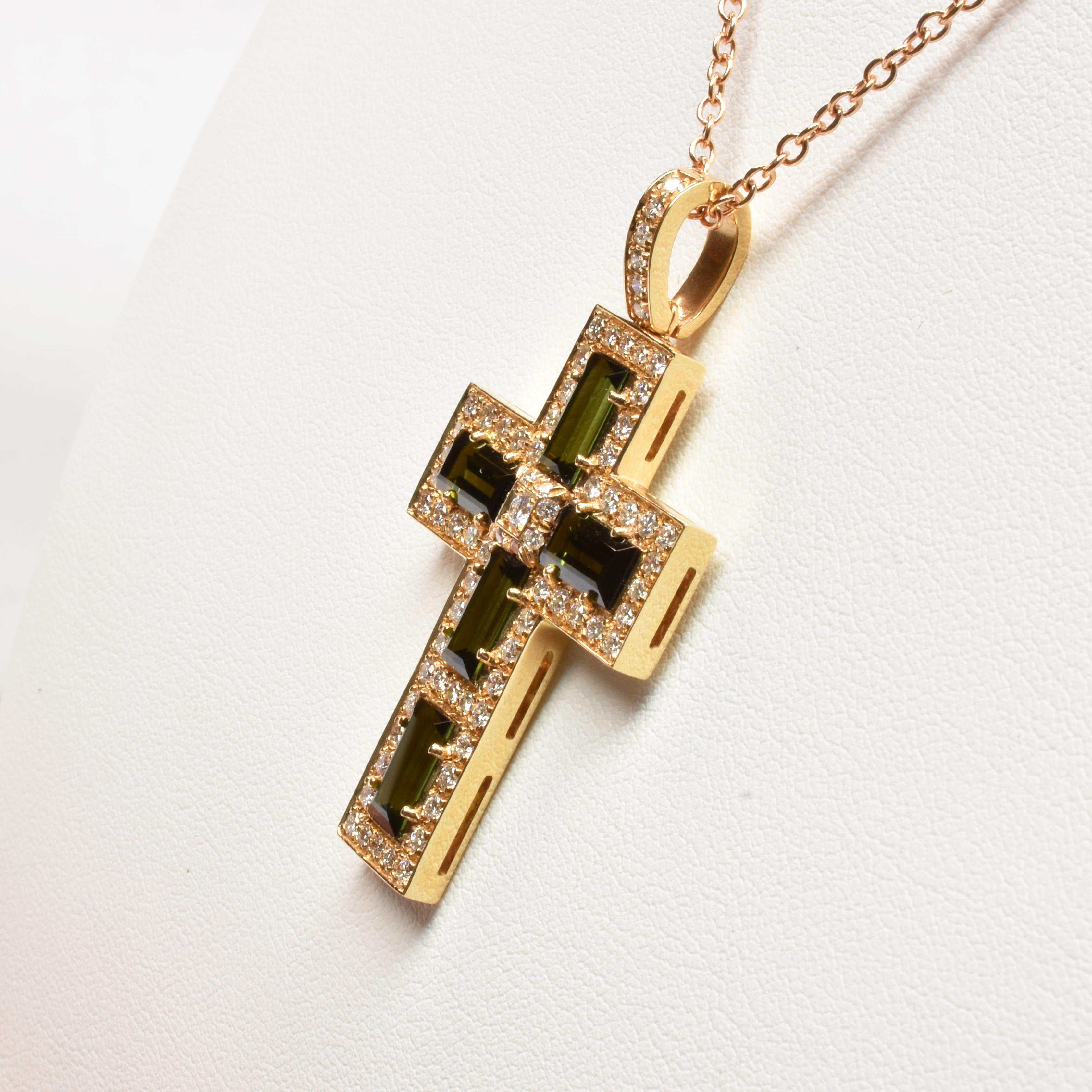 Women's Green Tourmaline Baguettes and Diamonds Gold Cross Italy Made For Sale