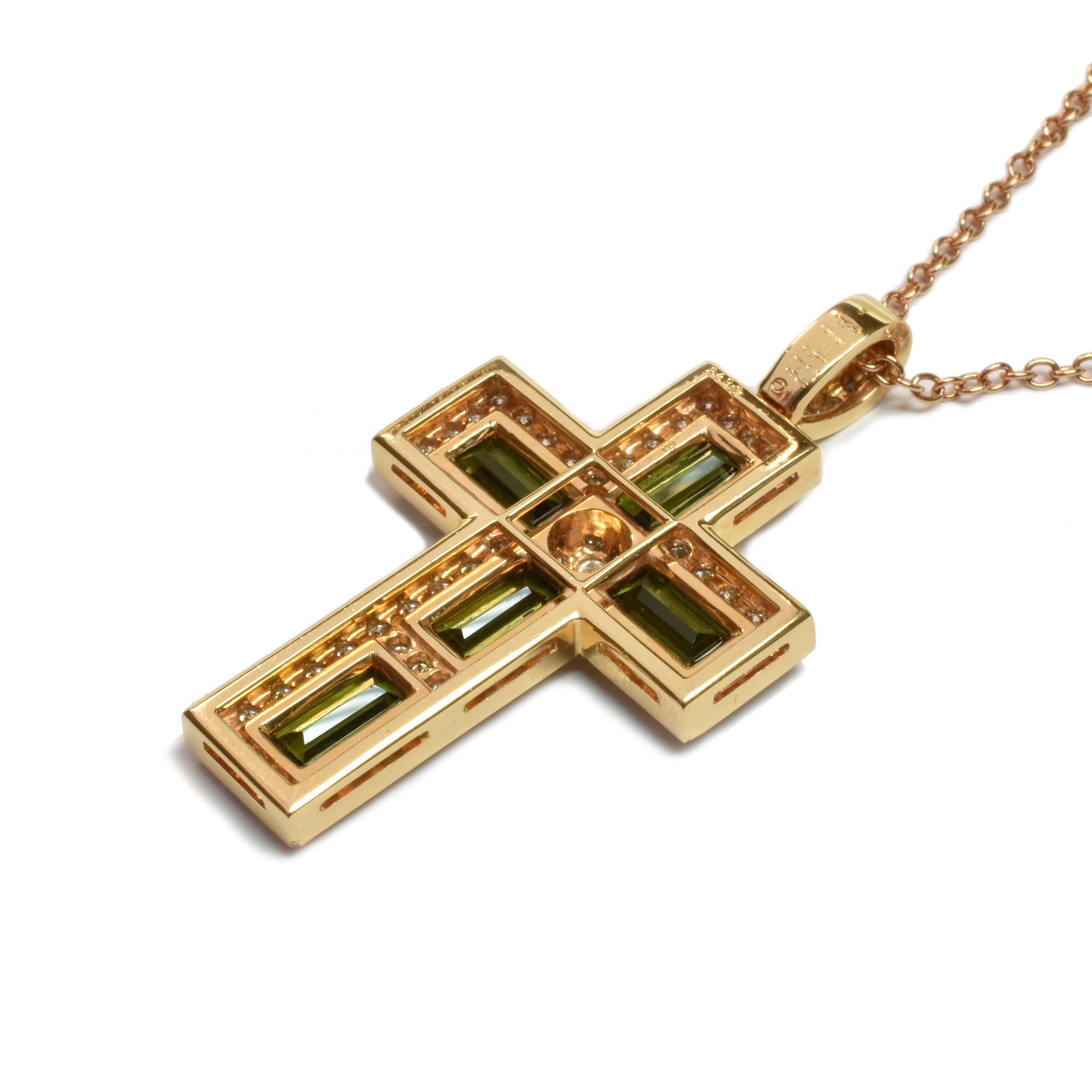 Green Tourmaline Baguettes and Diamonds Gold Cross Italy Made For Sale 1