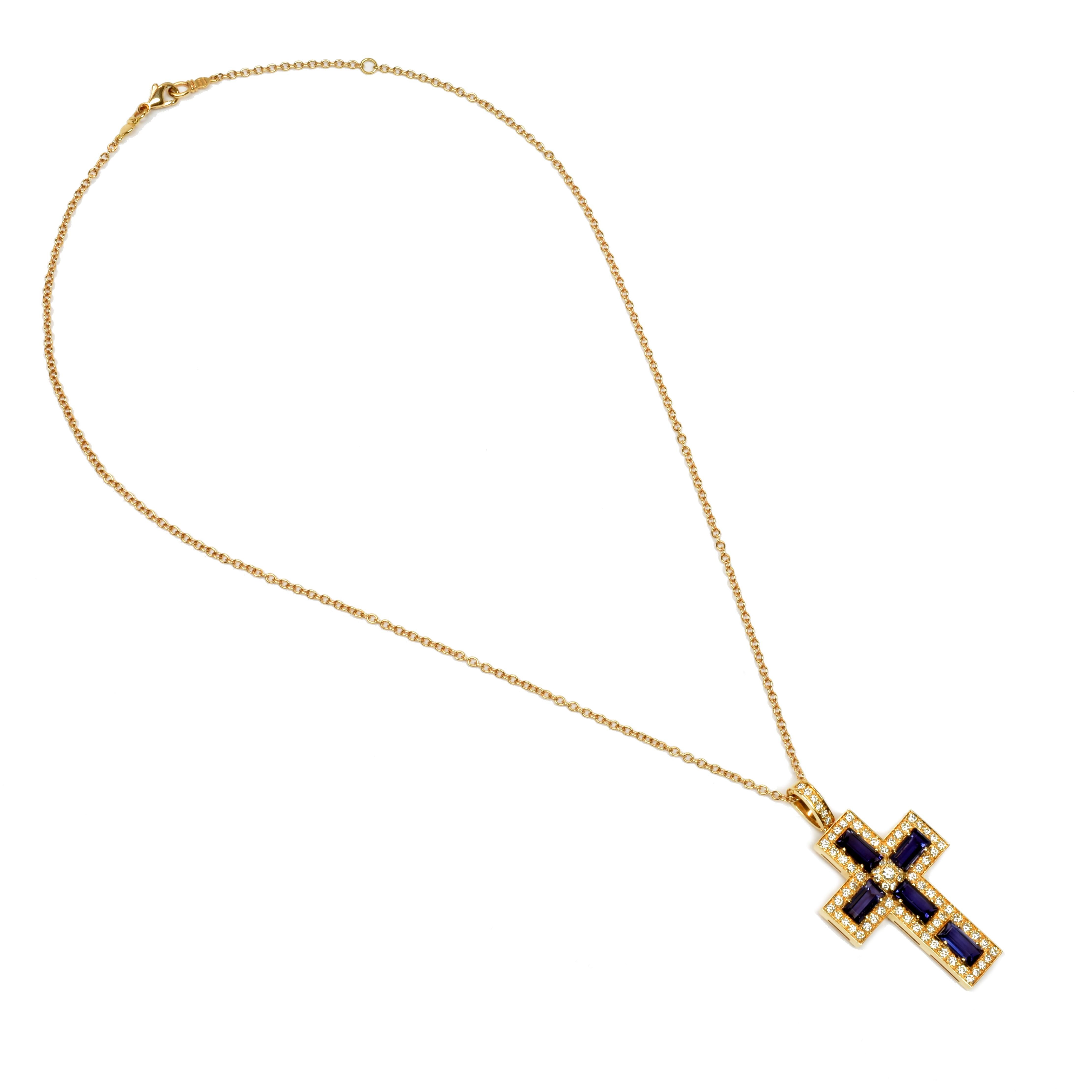 Gilberto Cassola 18Kt Rose Gold Cross Pendant with Iolite Baguettes and White Diamonds.
Handmade in our Atelier in Valenza Italy.
This Piece comes with a 46 cm 18Kt Rose Gold Chain.
A Modern and Stylish Cross for an everyday use.
G Color Vs Clarity
