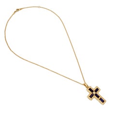 Iolite Baguettes and Diamonds Gold Cross Made in Italy