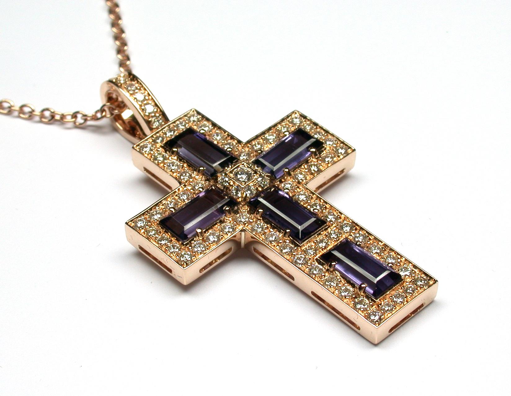 Women's Iolite Baguettes and Diamonds Gold Cross Made in Italy For Sale