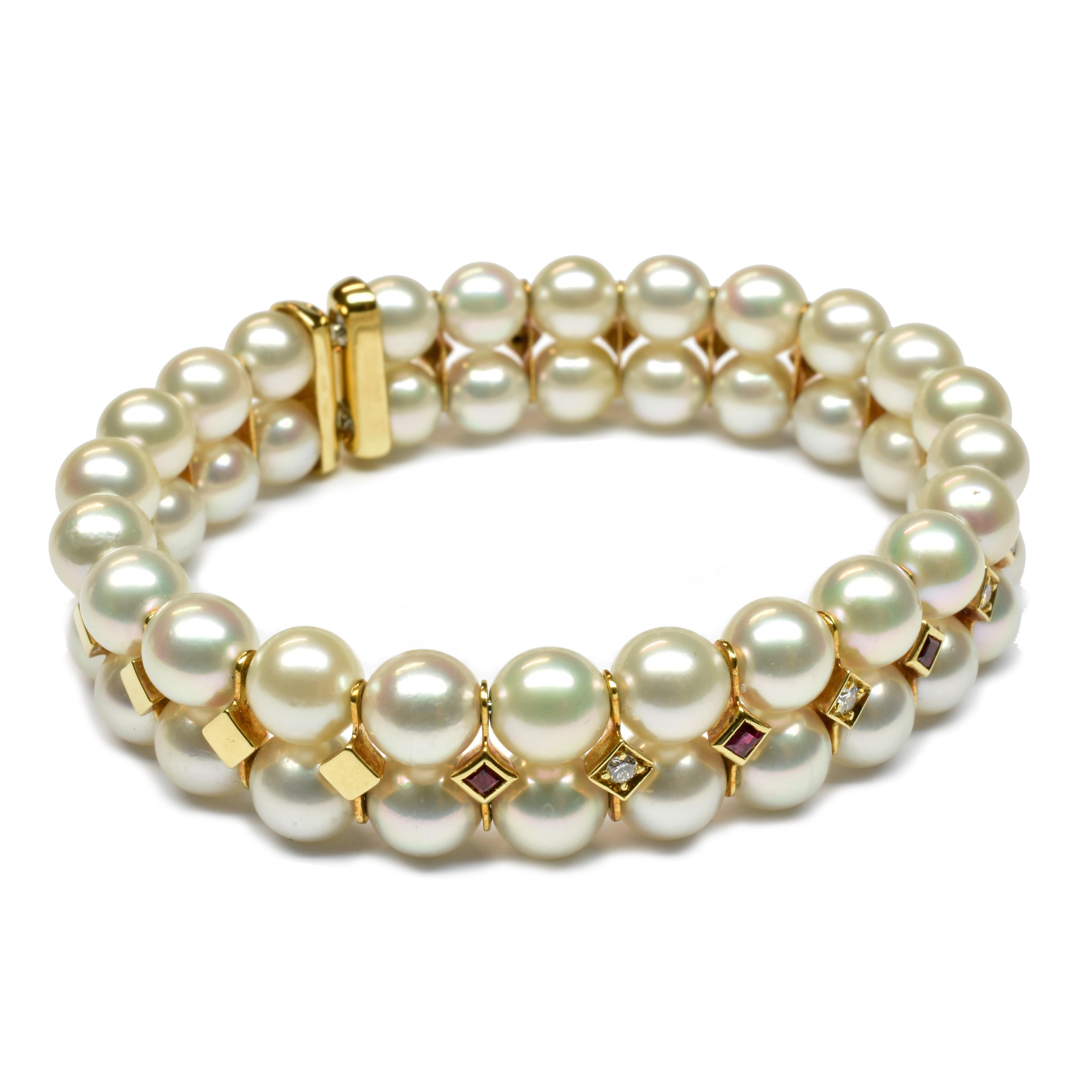 Contemporain Bracelet japonais en or, perles Akoya, rubis et diamants en vente