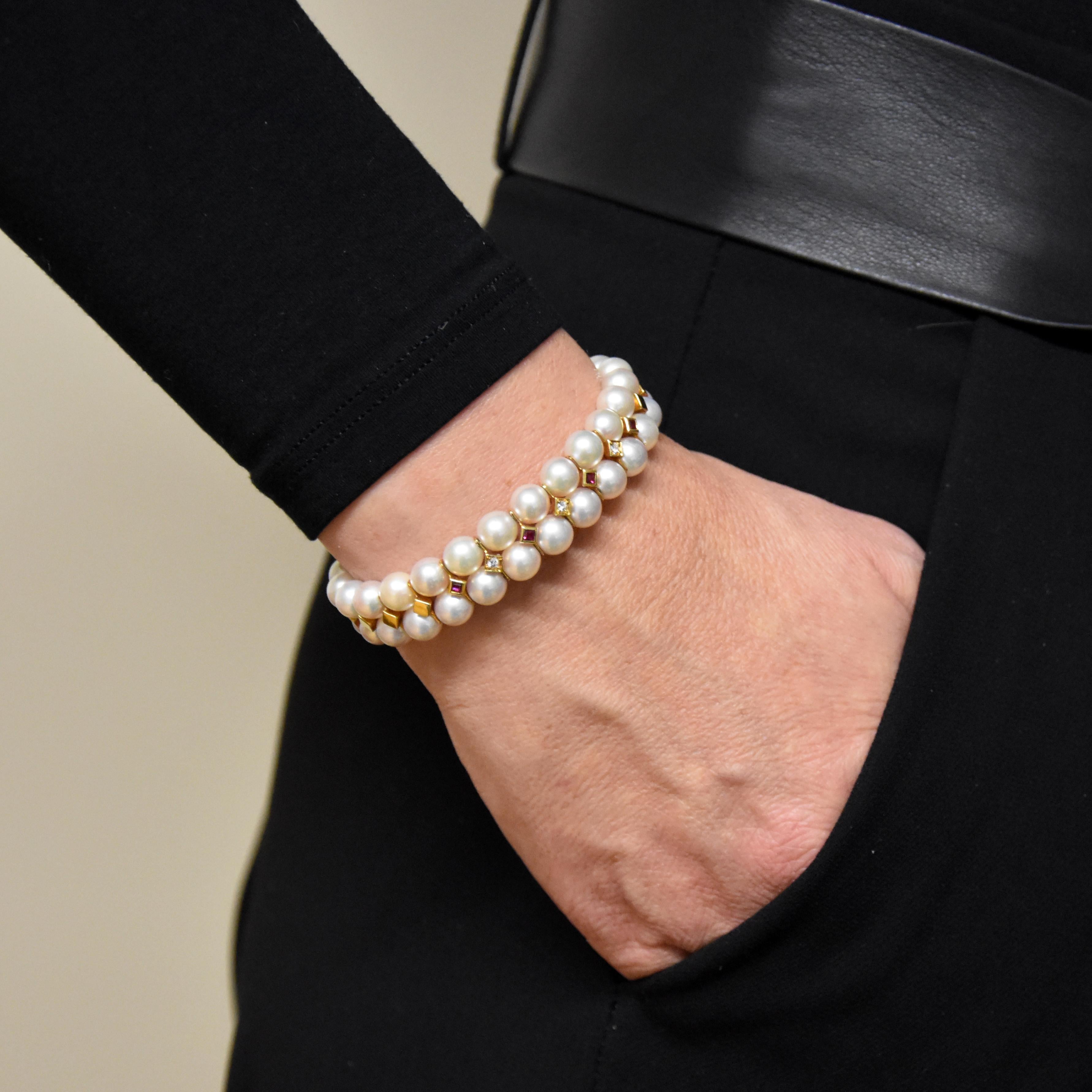 Contemporary Japanese Akoya Pearls with Rubies and Diamonds Gold Bracelet For Sale