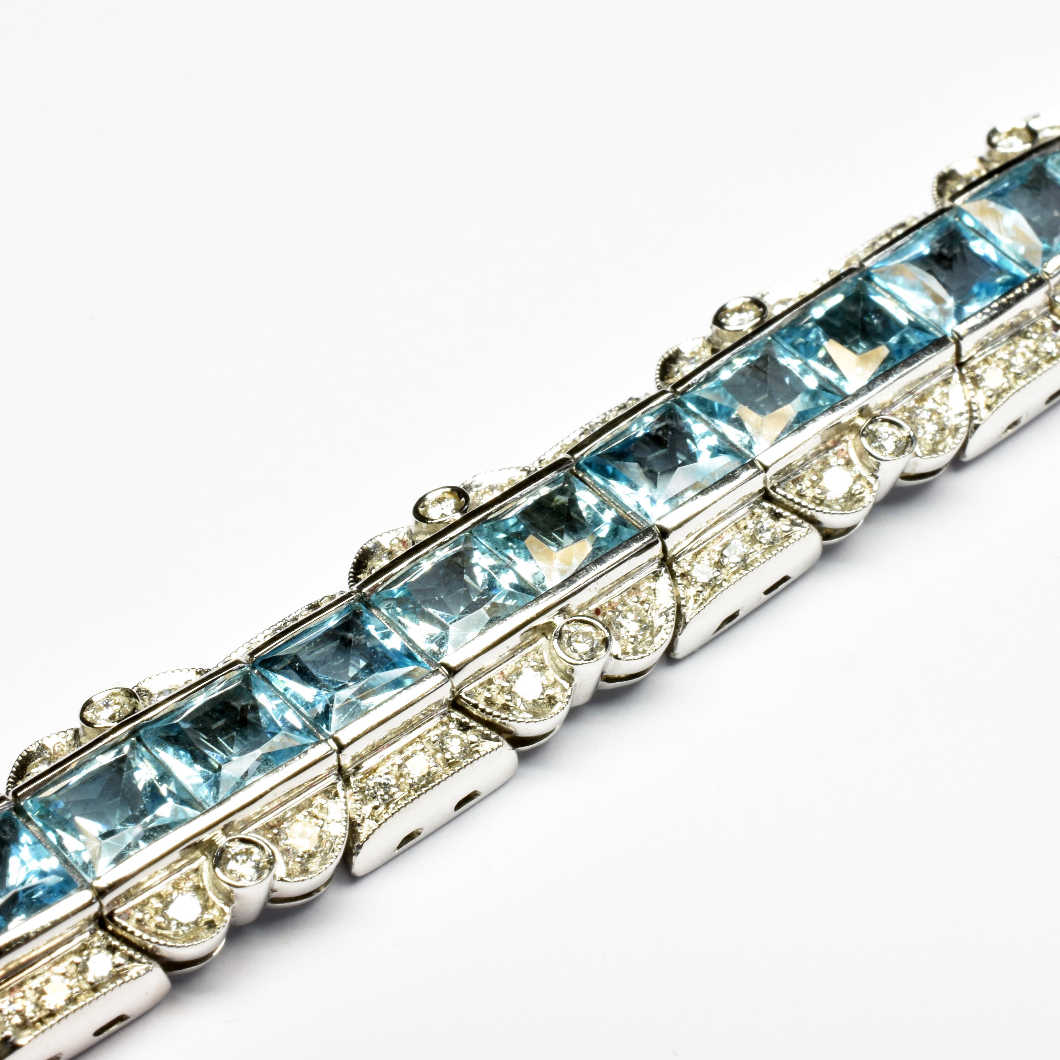 Princess Cut Blue Topaz and Diamonds Gold Bracelet, Italy For Sale 1
